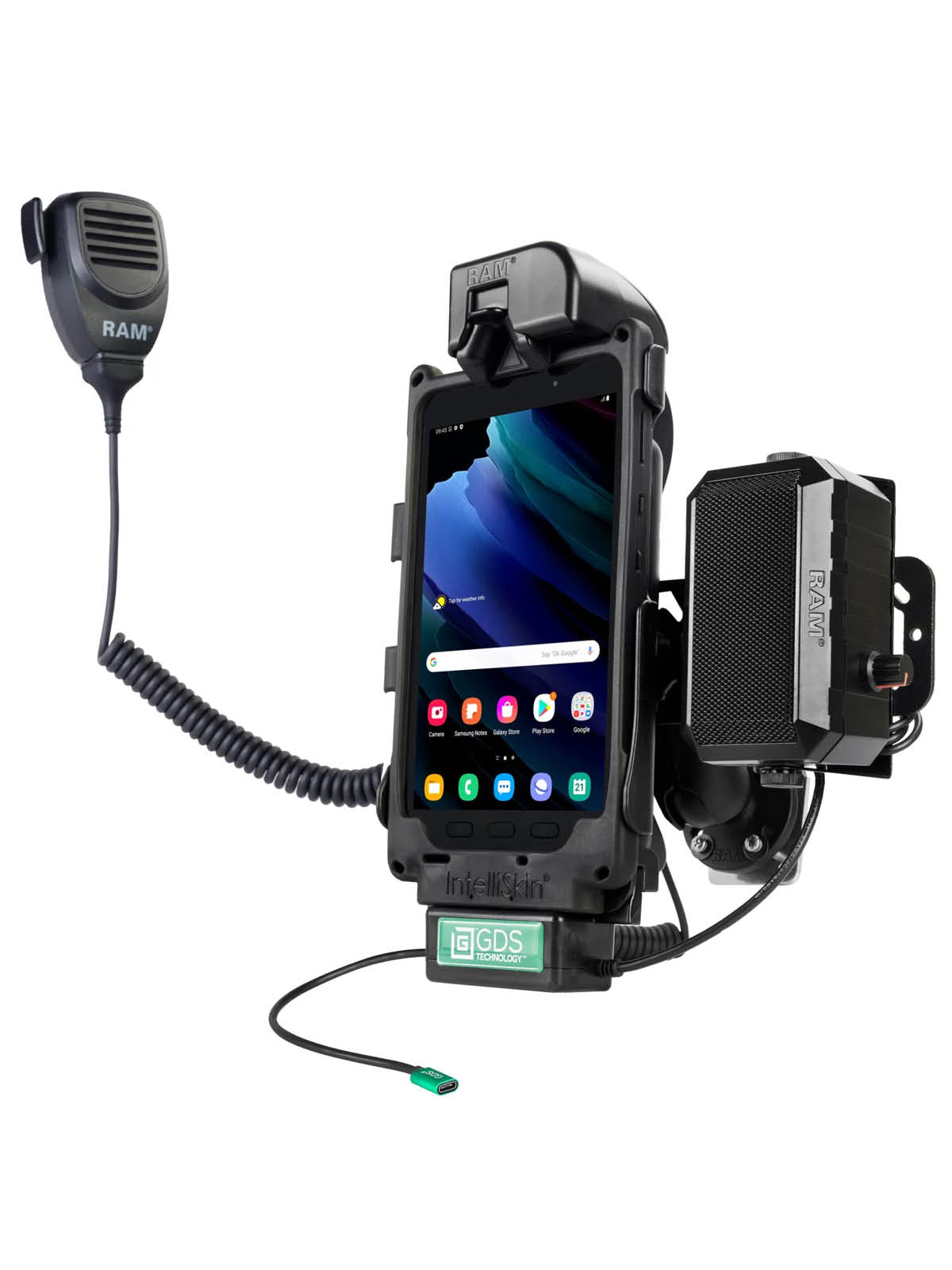 RAM Mounts GDS Fahrzeug-Ladestation für Samsung Tab Active3 & Active5 in IntelliSkin Schutzhülle - USB-C & USB-A-Anschluss – Produktansicht