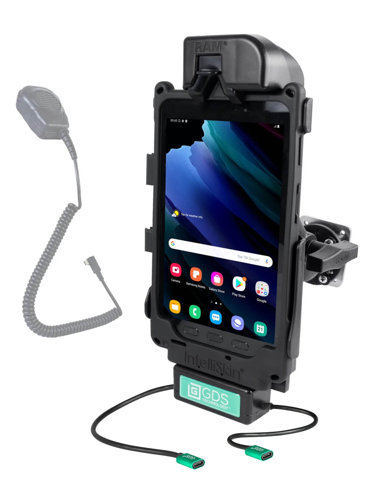 RAM Mounts GDS Fahrzeug-Ladestation für Samsung Tab Active3 & Active5 - in IntelliSkin Next Gen Schutzhülle - Dual USB-C-Anschluss – Produktansicht