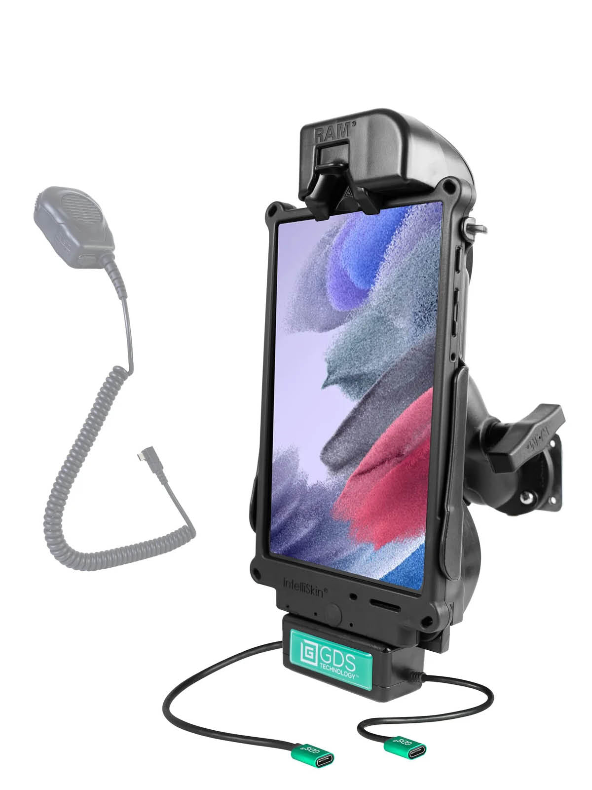 RAM Mounts GDS Fahrzeug-Ladestation Samsung Tab A7 Lite 8.7 - C-Kugel (1,5 Zoll), Strom-Modul, USB-C Ein-/Ausgang inkl. IntelliSkin-Lade-/Schutzhülle – Produktansicht