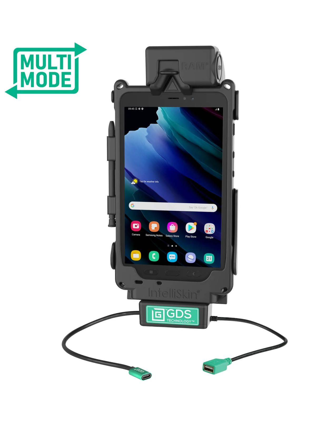 RAM Mounts GDS Tough-Dock Halteschale (Schnappverschluss) für Samsung Tab Active3 & Active5 - in IntelliSkin Next Gen Schutzhülle - Multi-Mode - USB-C & USB-A-Anschluss – Produktansicht