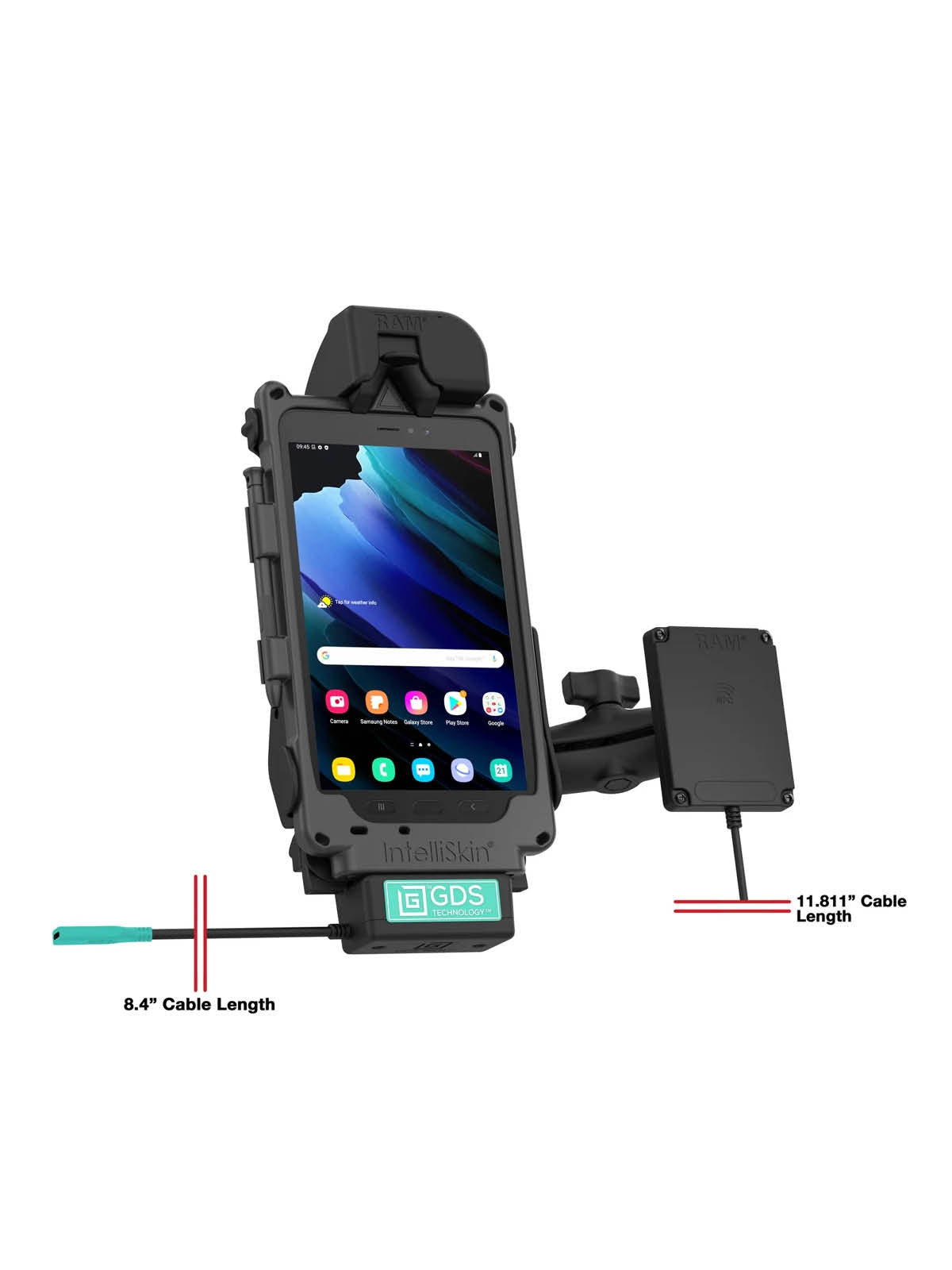 RAM Mounts GDS Tough-Dock Halteschale (Schnappverschluss) für Samsung Tab Active3 & Active5 in IntelliSkin Schutzhülle - NFC-Repeater - USB-C-Anschluss – Produktansicht