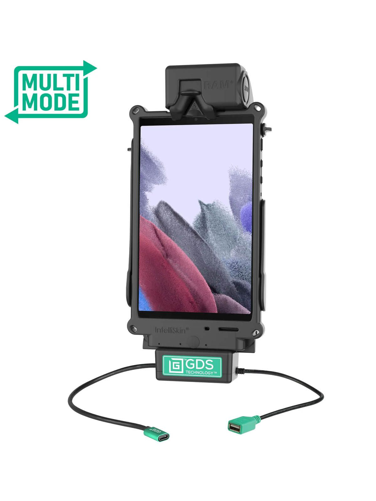 RAM Mounts GDS Tough-Dock Halteschale (Schnappverschluss) für Samsung Tab A9 & A11 - in IntelliSkin Next Gen Schutzhülle - Multi-Mode - USB-C & USB-A-Anschluss – Produktansicht