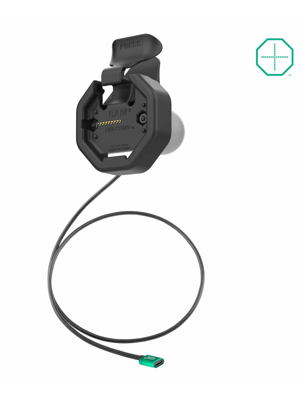 RAM Mounts GDS Uni-Conn Snap-In Ladesockel - USB-C-Anschluss - 2-Loch AMPS – Produktansicht