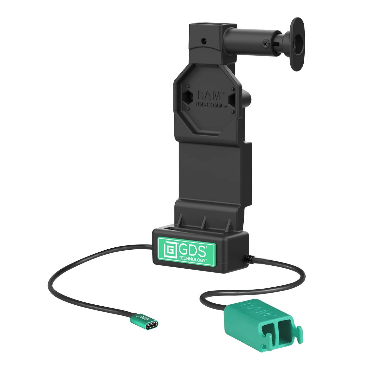RAM Mounts GDS Uni-Conn Ladedock mit Entriegelungsknopf - 2-Loch AMPS - USB-C & Dual USB-A-Anschluss - Schrauben-Set – Produktansicht