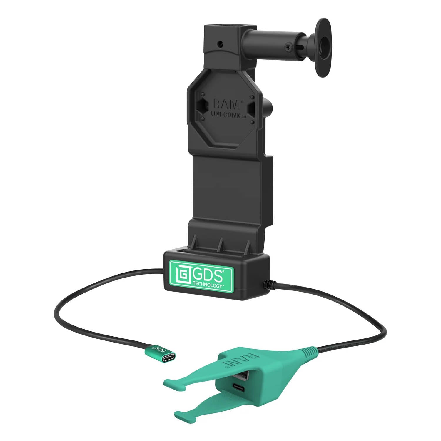 RAM Mounts GDS Uni-Conn Ladedock mit Entriegelungsknopf - 2-Loch AMPS - USB-C & USB-C/A-Anschluss - Schrauben-Set – Produktansicht