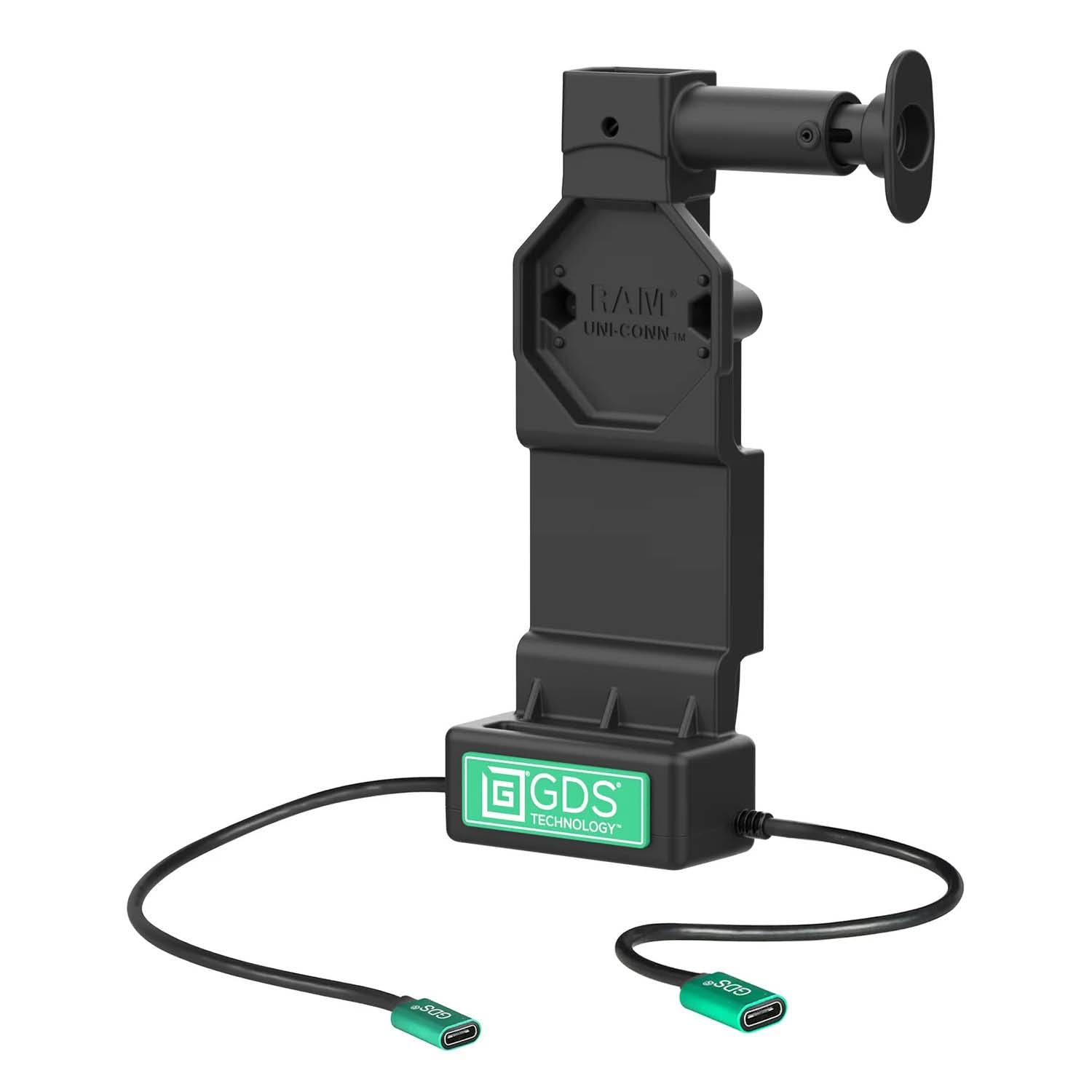 RAM Mounts GDS Uni-Conn Ladedock mit Entriegelungsknopf - 2-Loch AMPS - USB-C & USB-C-Anschluss - Schrauben-Set – Produktansicht