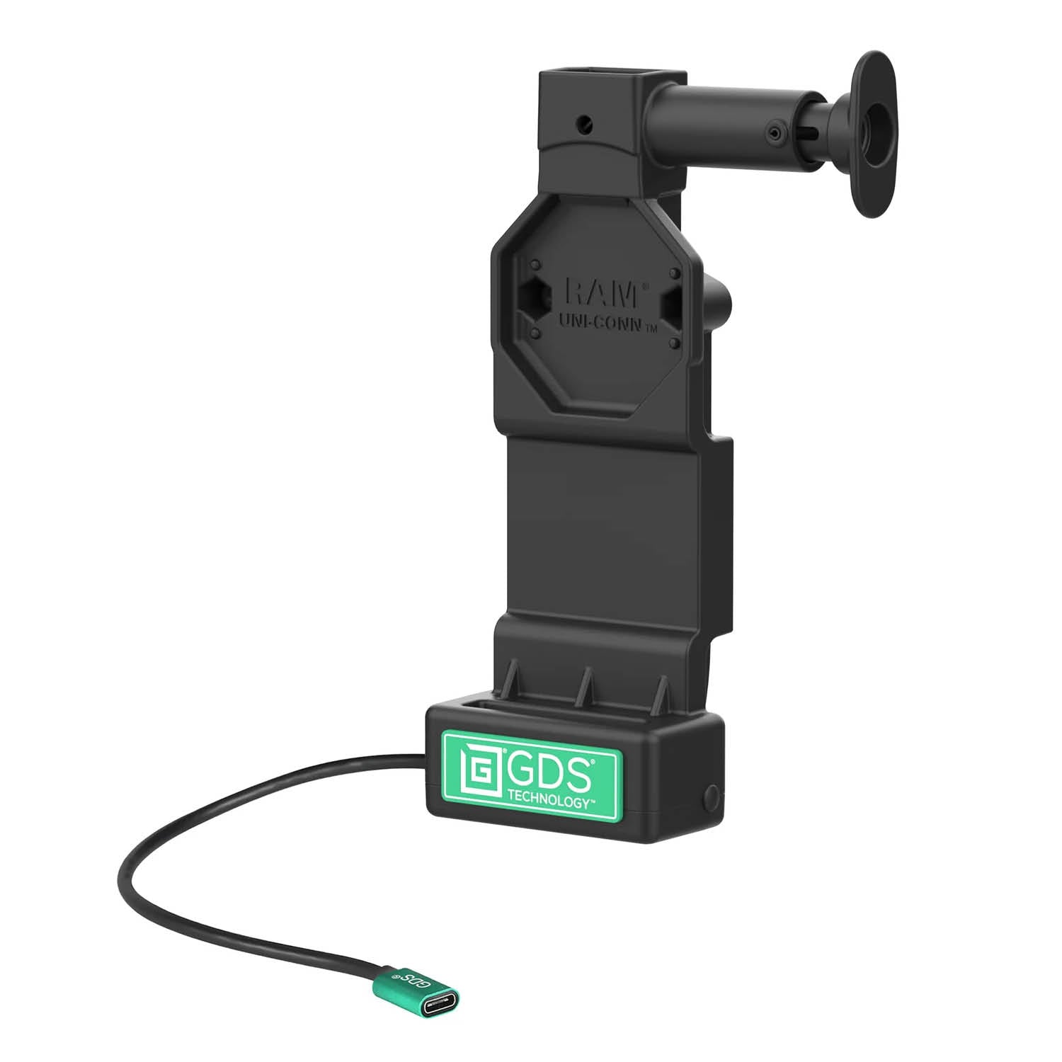 RAM Mounts GDS Uni-Conn Ladedock mit Entriegelungsknopf - 2-Loch AMPS - USB-C-Anschluss - Schrauben-Set – Produktansicht