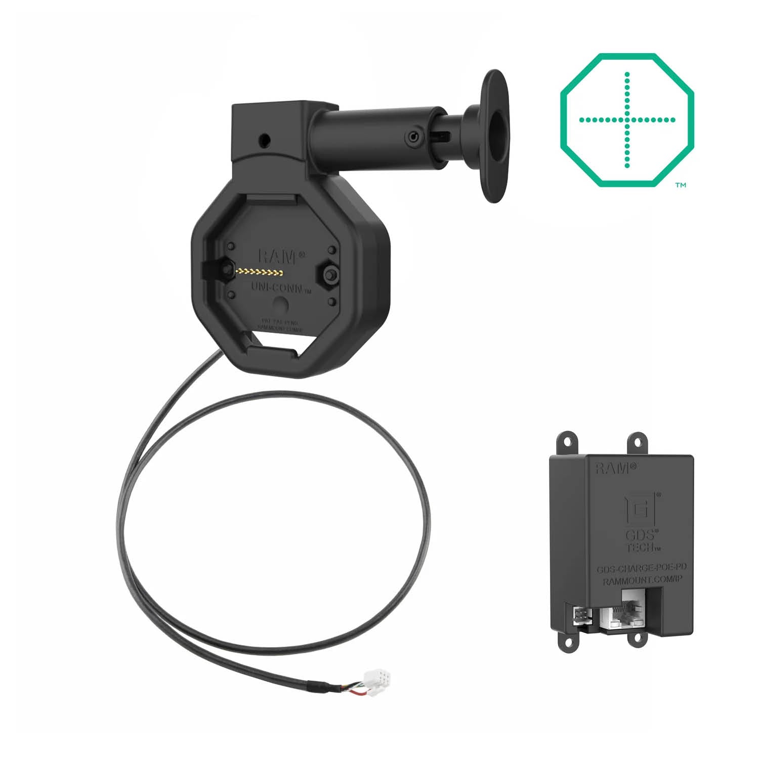 RAM Mounts GDS Uni-Conn Snap-In Ladesockel mit Lösevorrichtung - 2-Loch AMPS - RJ45-Anschluss - PoE zu PD-Lademodul - Schrauben-Set – Produktansicht