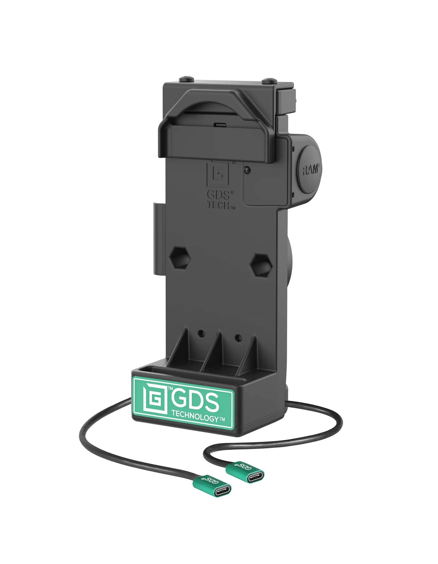 RAM Mounts GDS Uni-Conn Sprunggefederte Ladestation - 2-Lochmuster AMPS - USB-C & USB-C-Anschluss - Schrauben-Set – Produktansicht