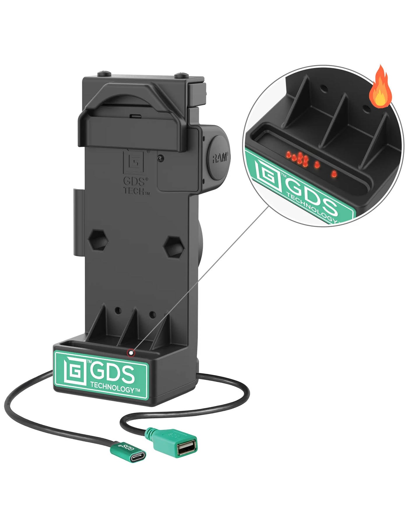 RAM Mounts GDS Uni-Conn Sprunggefederte Ladestation - 2-Lochmuster AMPS - USB-C & USB-A-Anschluss - Beheizte Pogo-Pins - Schrauben-Set – Produktansicht