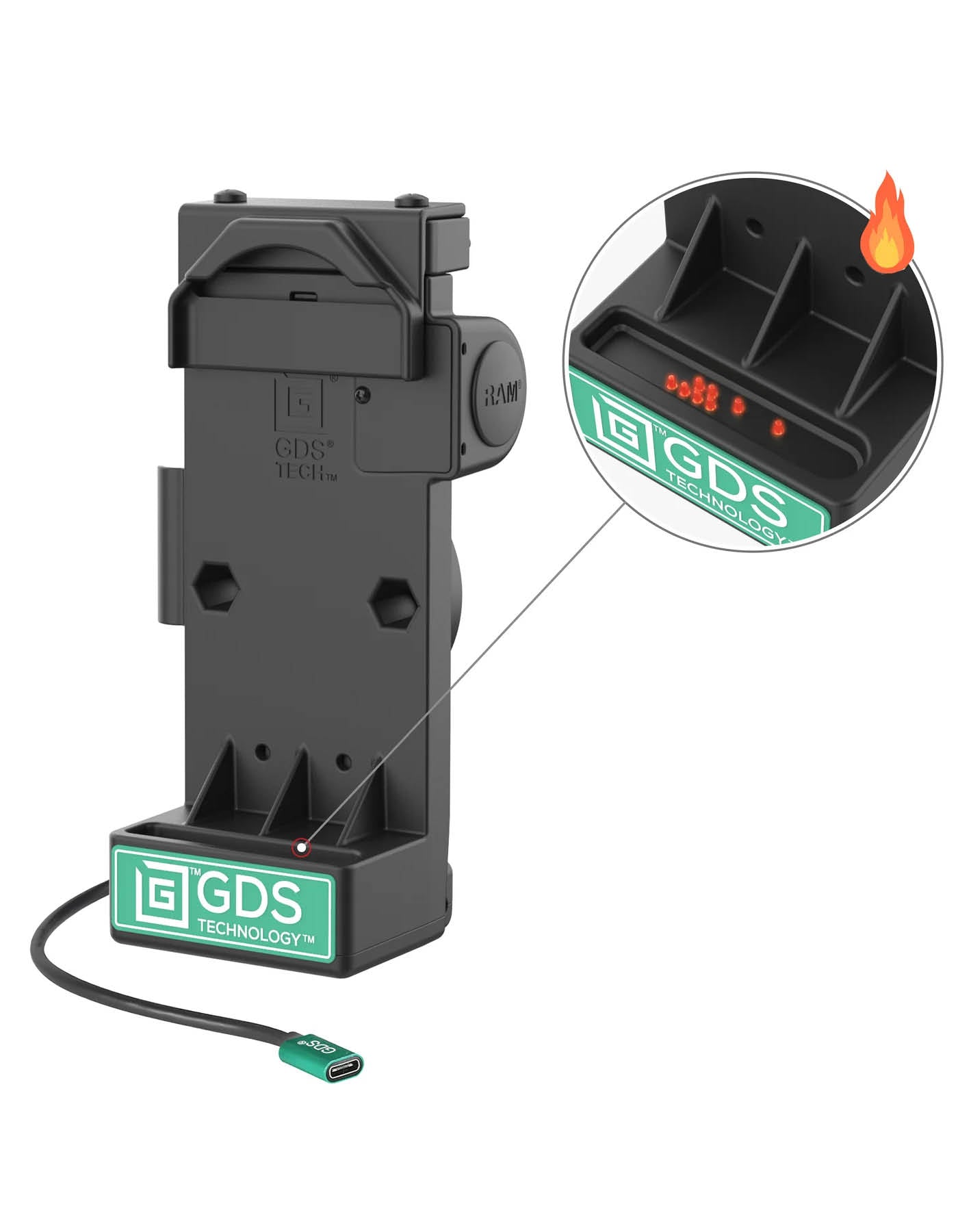 RAM Mounts GDS Uni-Conn Sprunggefederte Ladestation - 2-Lochmuster AMPS - USB-C-Anschluss - Beheizte Pogo-Pins - Schrauben-Set – Produktansicht