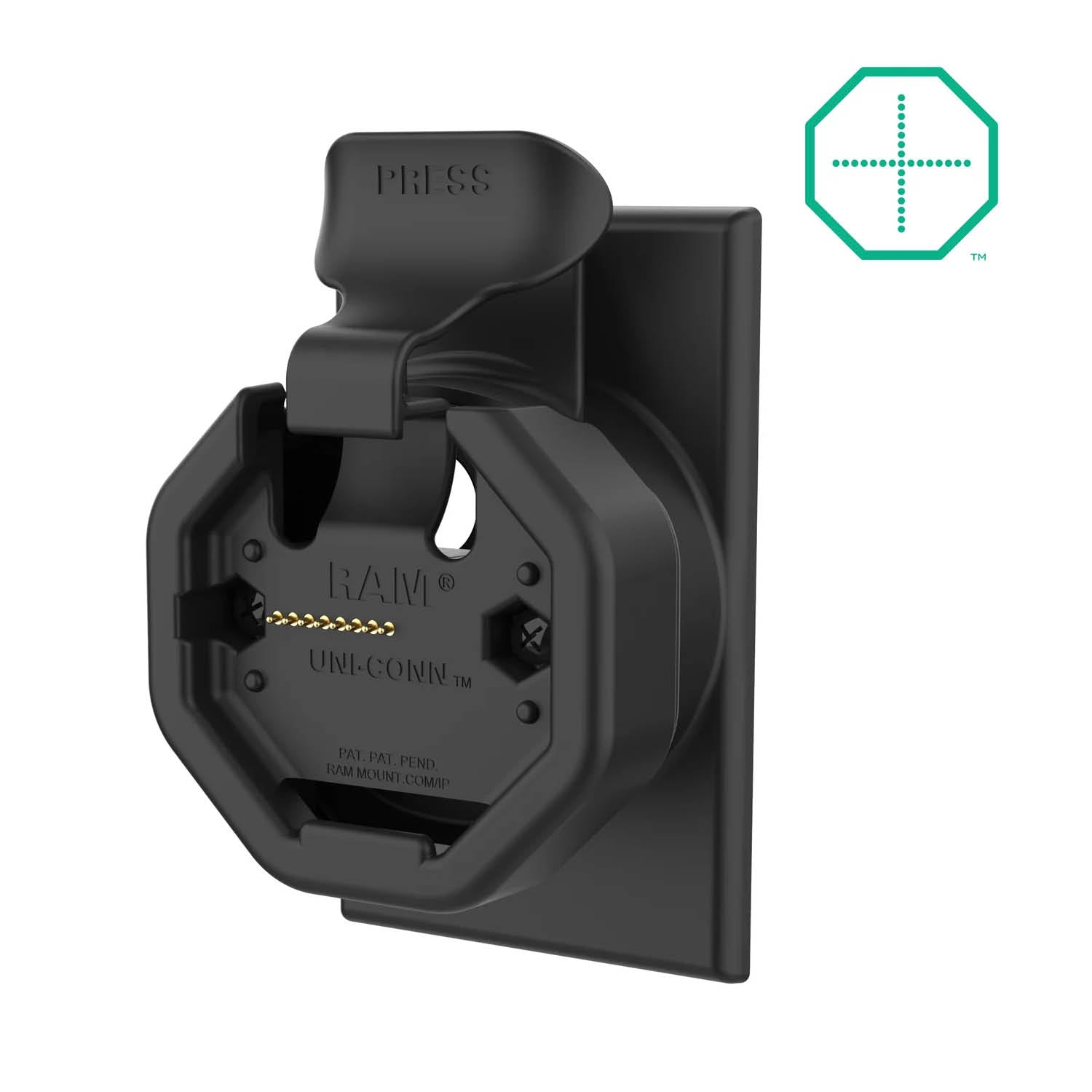 RAM Mounts GDS Uni-Conn Snap-In Wand-Ladestation mit PoE - Rückseitige Pogo-Pads - JST-Stecker – Produktansicht