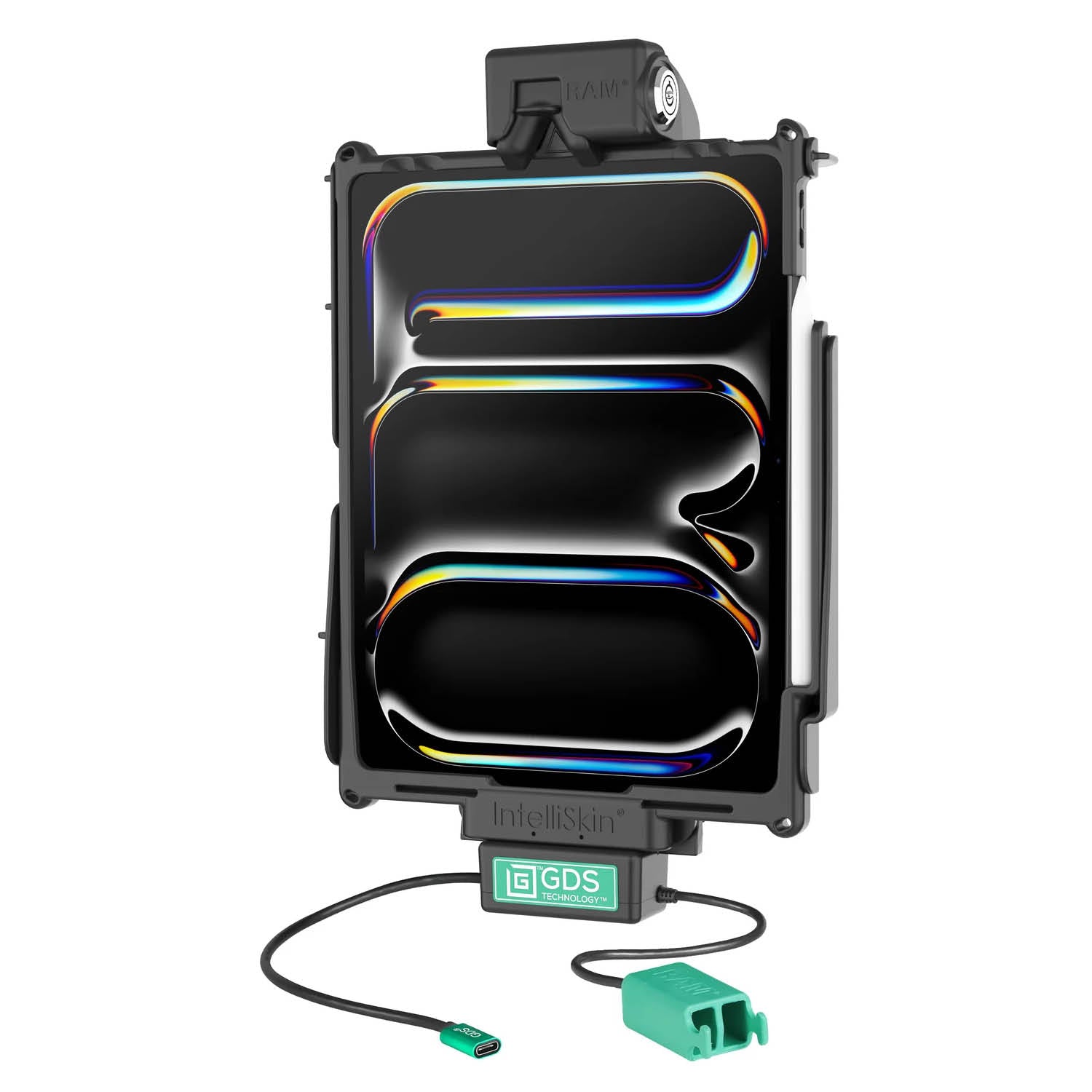 RAM Mounts GDS Tough-Dock Halteschale (Schlüsselverriegelung) für Apple iPad Pro 12.9 (3-6 Gen.), Pro 13 (M4 & M5) & Air 13 (M2, M3 & M4) - In IntelliSkin Next-Gen Schutzhülle - USB-C/Dual USB-A Anschluss – Produktansicht