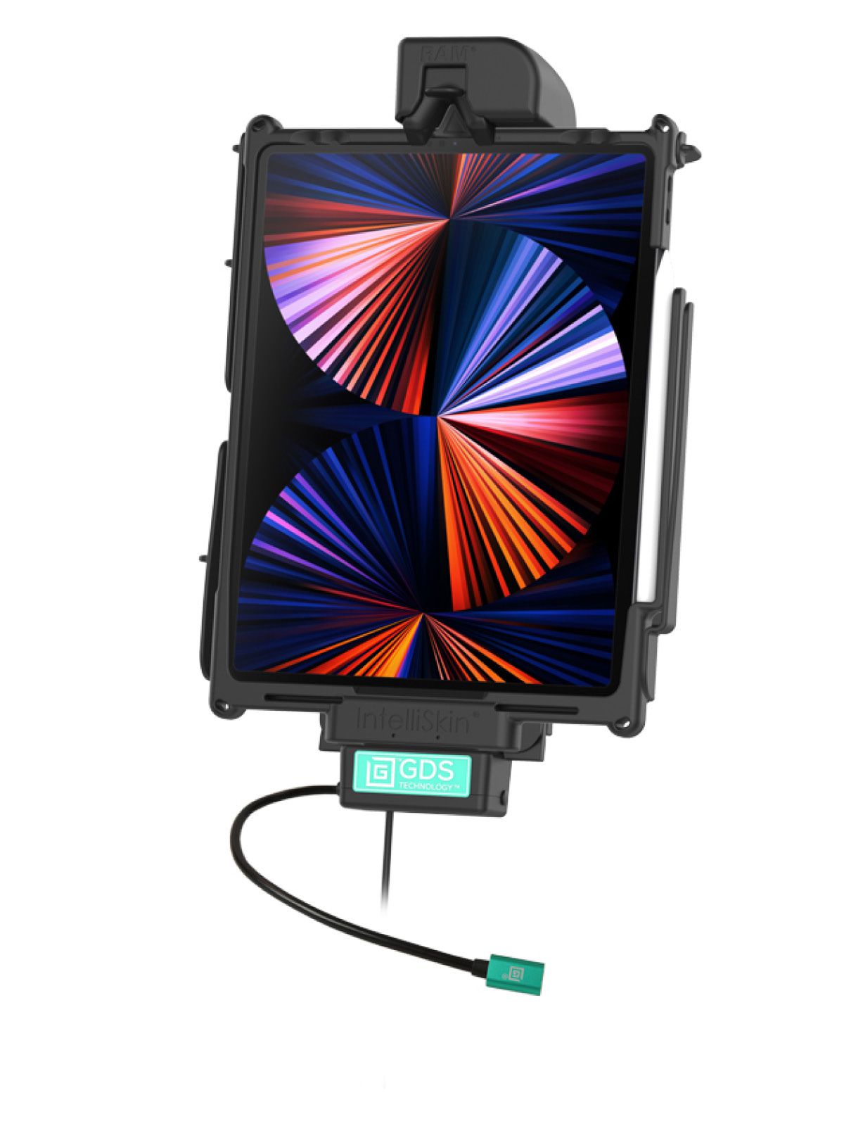 RAM Mounts GDS Tough-Dock Halteschale (Schlüsselverriegelung) für Apple iPad Pro 12.9 (3-6 Gen.), Pro 13 (M4 & M5) & Air 13 (M2, M3 & M4) - In IntelliSkin Next-Gen Schutzhülle - USB-C Anschluss – Produktansicht