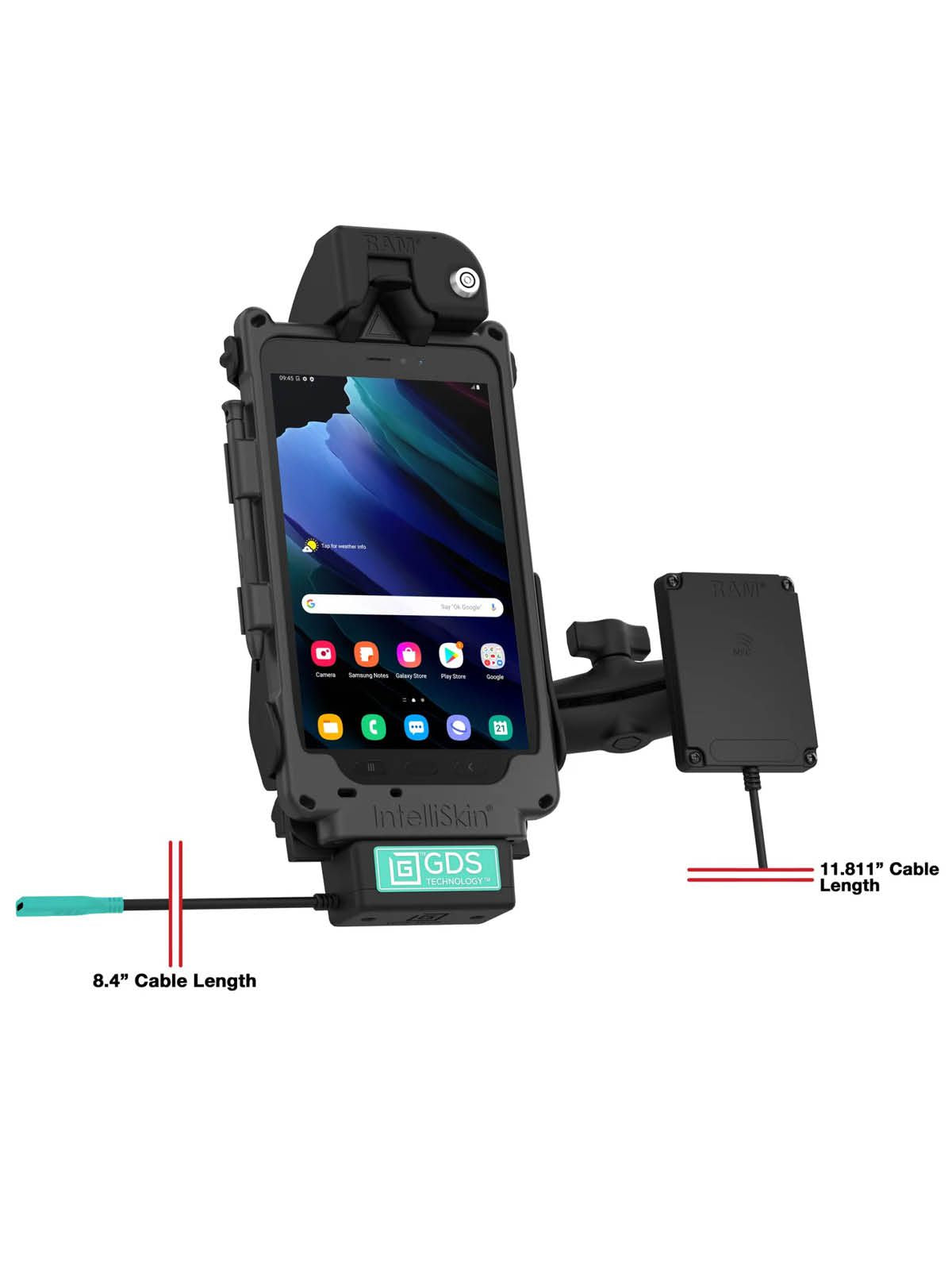 RAM Mounts GDS Tough-Dock Halteschale (Schlüsselverriegelung) für Samsung Tab Active3 & Active5 in IntelliSkin Schutzhülle - NFC-Repeater - USB-C-Anschluss – Produktansicht