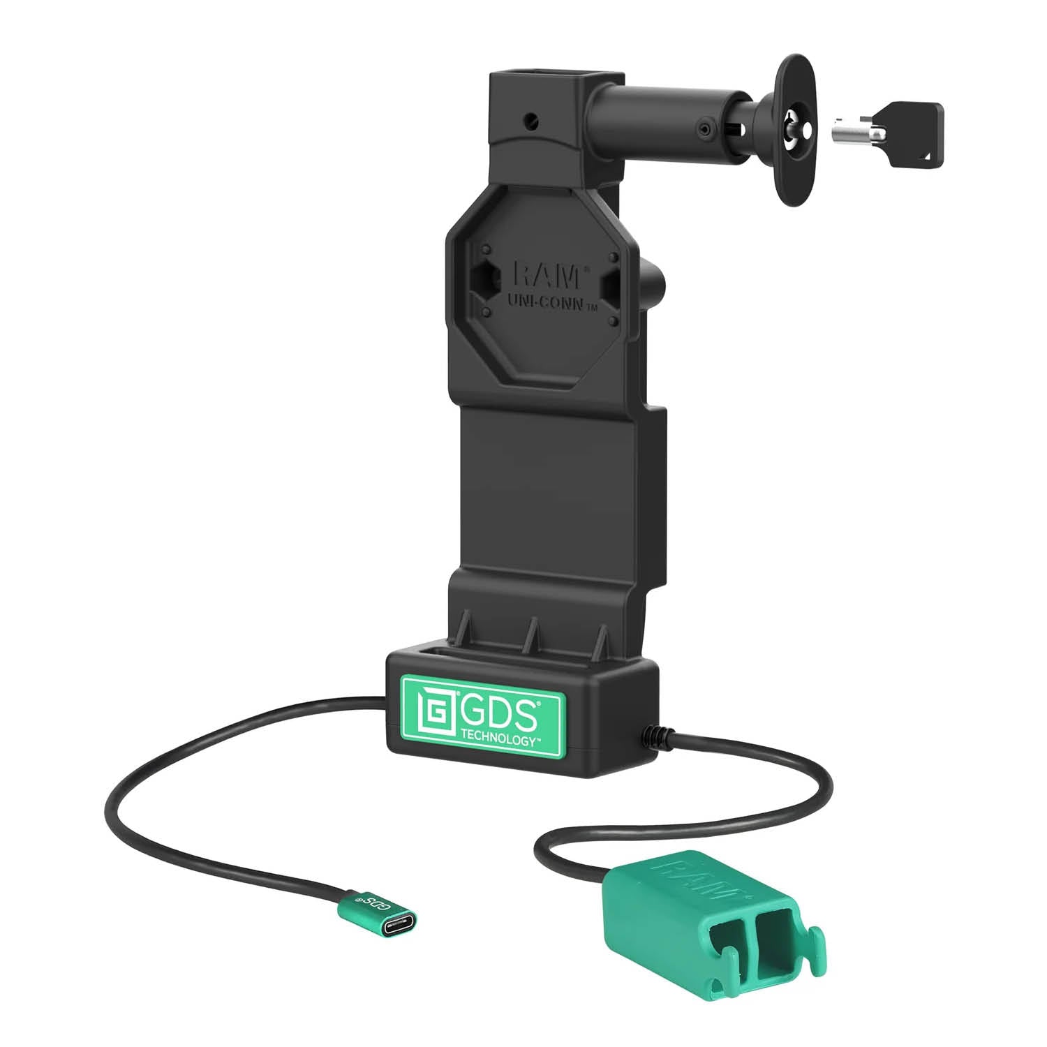 RAM Mounts GDS Uni-Conn Ladedock (Schlüsselverriegelung) mit Entriegelungsknopf - 2-Loch AMPS - USB-C & Dual USB-A-Anschluss - Schrauben-Set – Produktansicht