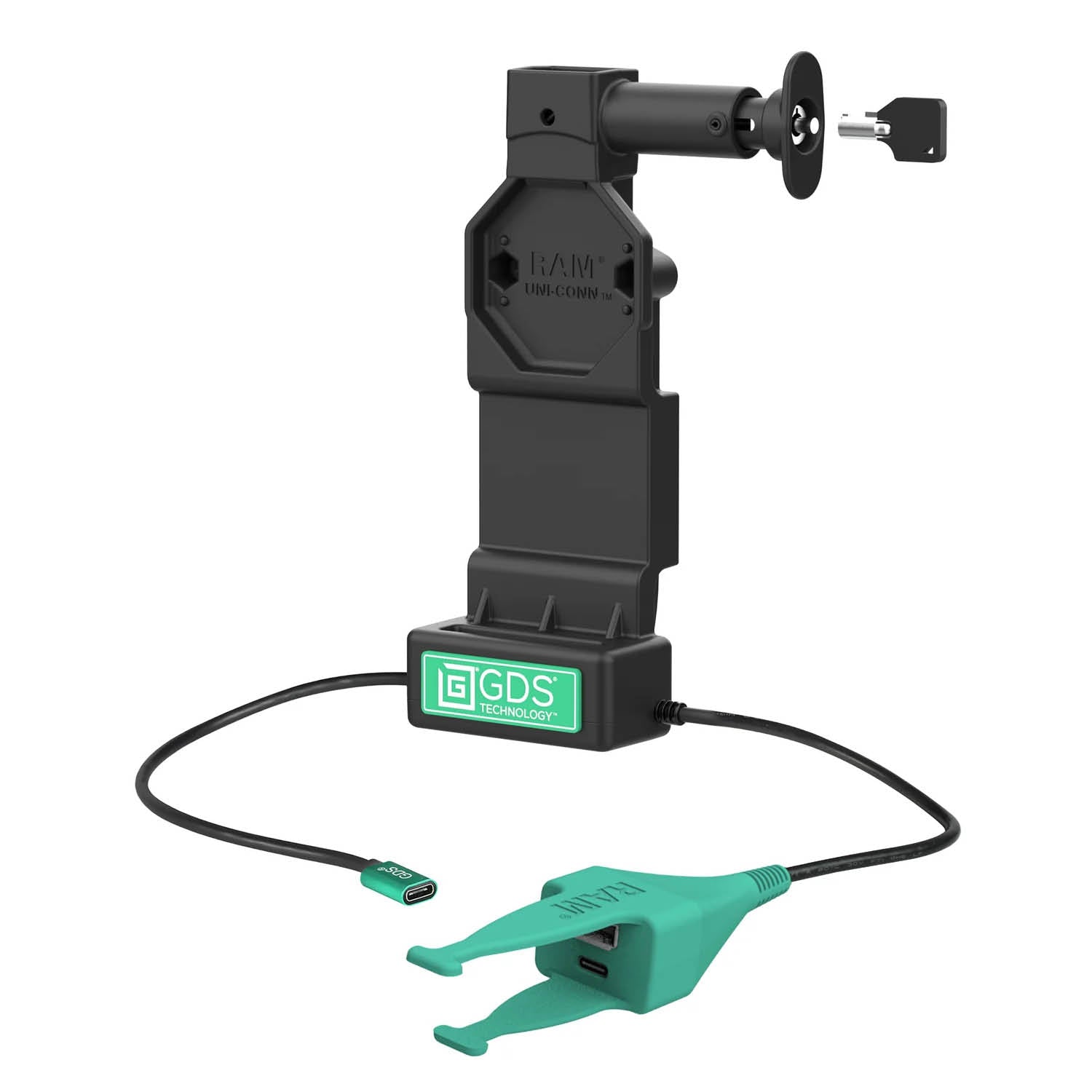 RAM Mounts GDS Uni-Conn Ladedock (Schlüsselverriegelung) mit Entriegelungsknopf - 2-Loch AMPS - USB-C & USB-C/A-Anschluss - Schrauben-Set – Produktansicht