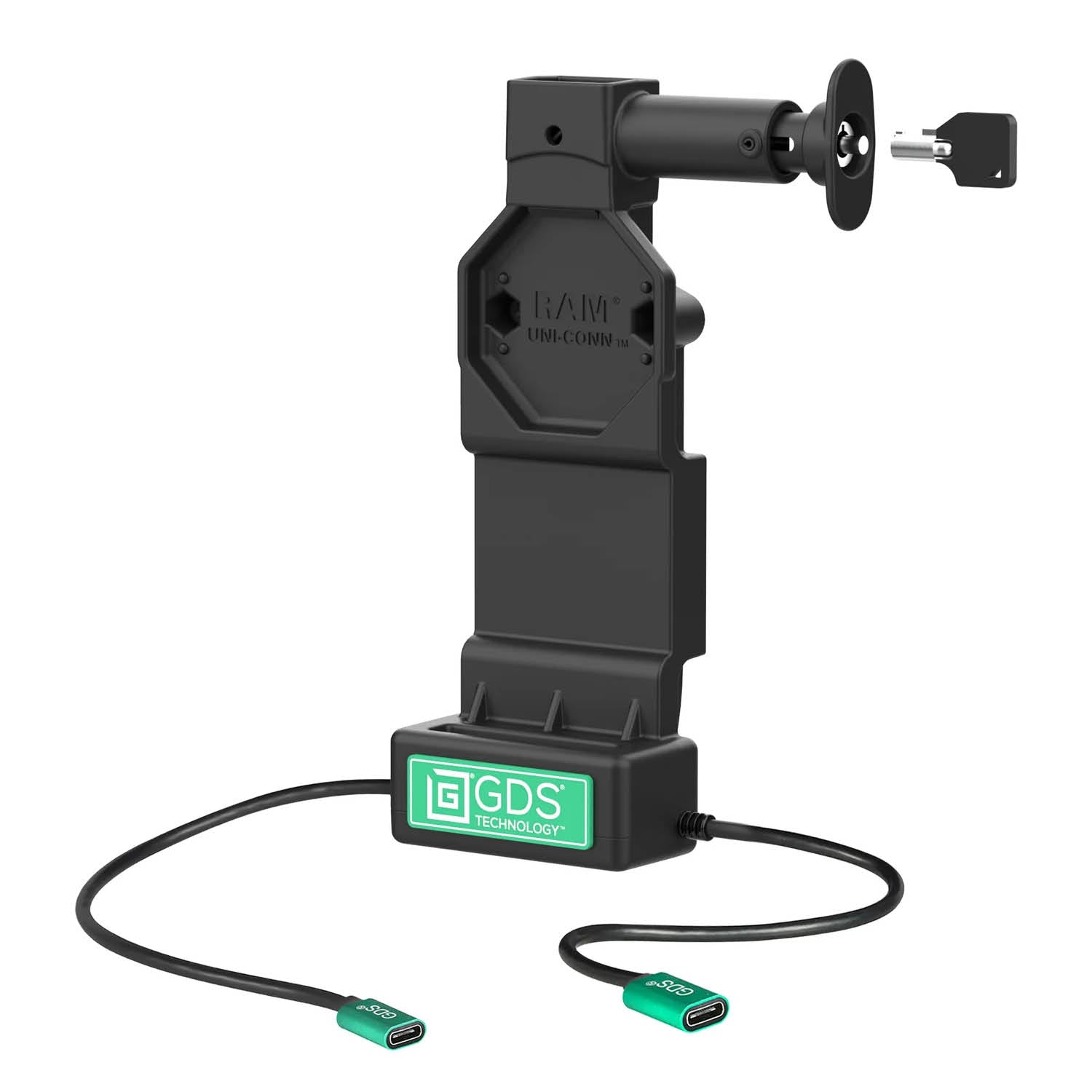 RAM Mounts GDS Uni-Conn Ladedock (Schlüsselverriegelung) mit Entriegelungsknopf - 2-Loch AMPS - USB-C & USB-C-Anschluss - Schrauben-Set – Produktansicht