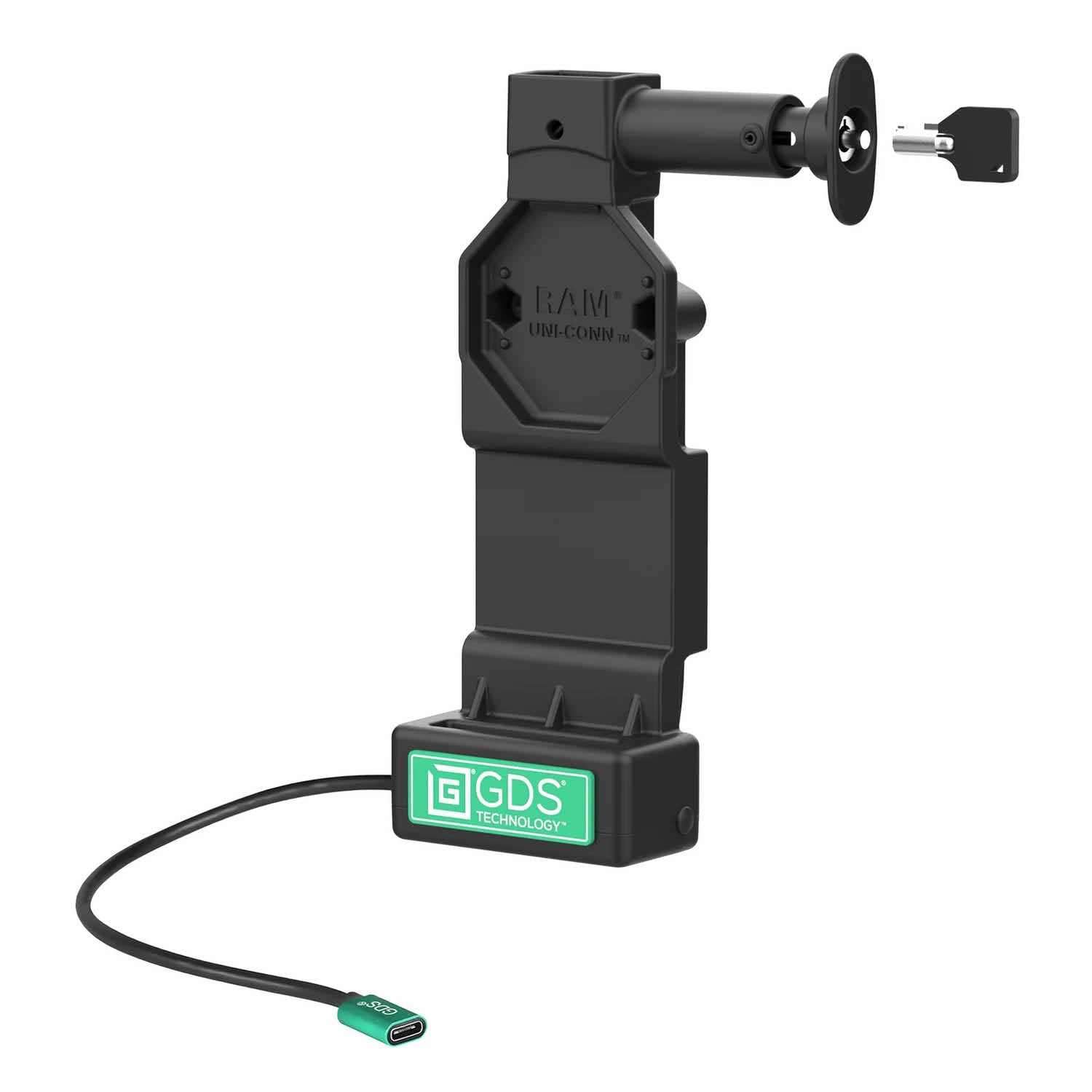 RAM Mounts GDS Uni-Conn Ladedock (Schlüsselverriegelung) mit Entriegelungsknopf - 2-Loch AMPS - USB-C-Anschluss - Schrauben-Set – Produktansicht