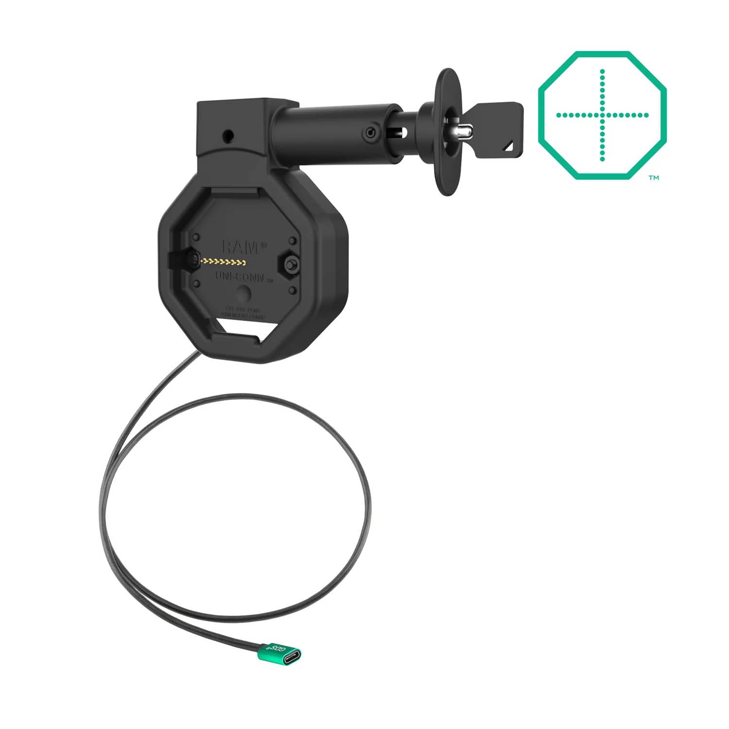 RAM Mounts GDS Uni-Conn Snap-In Ladesockel mit Lösevorrichtung - USB-C-Anschluss - abschließbar, 2-Loch AMPS – Produktansicht