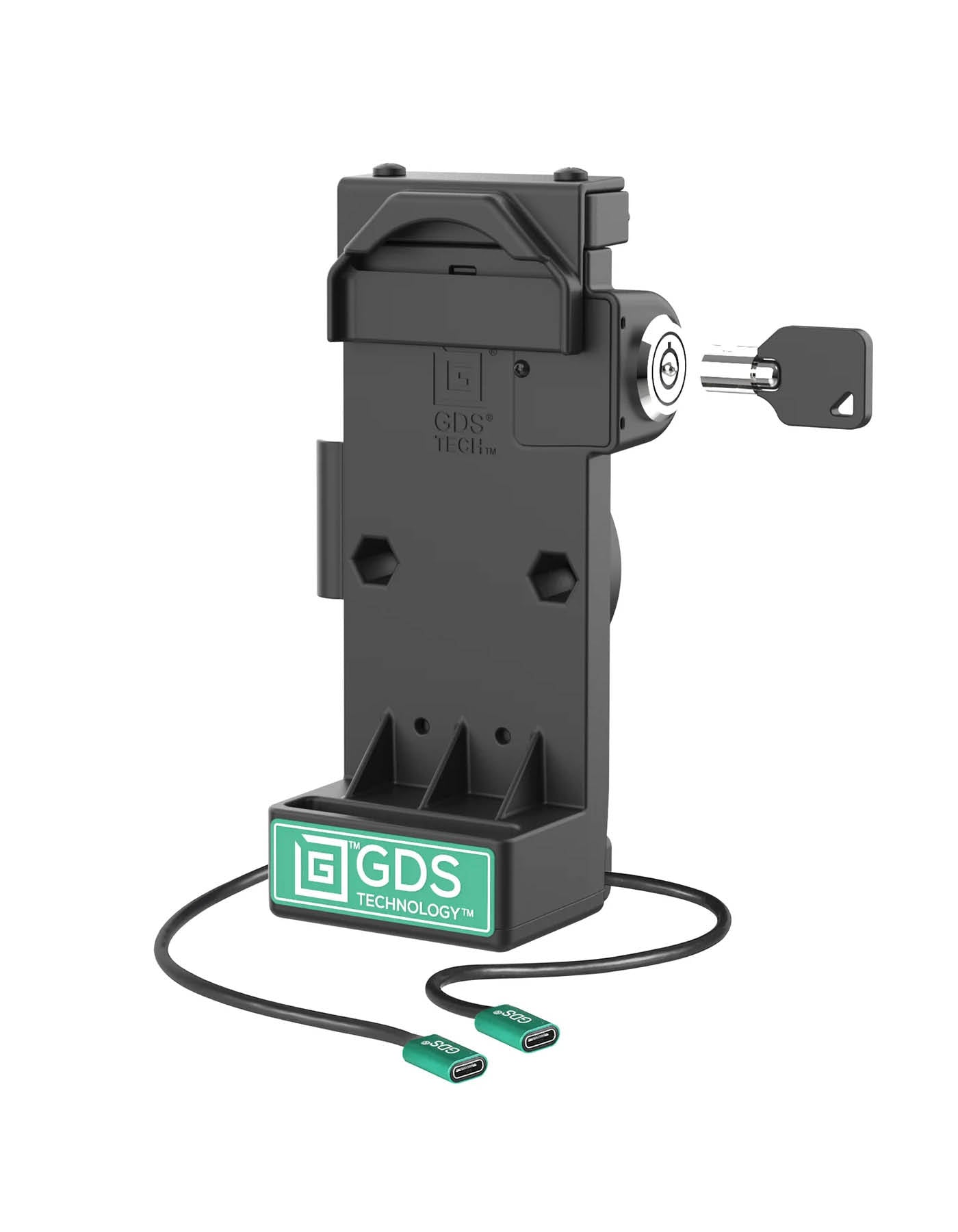 RAM Mounts GDS Uni-Conn Sprunggefederte Ladestation mit Schlüsselverriegelung - 2-Lochmuster AMPS - USB-C & USB-C-Anschluss - Schrauben-Set – Produktansicht
