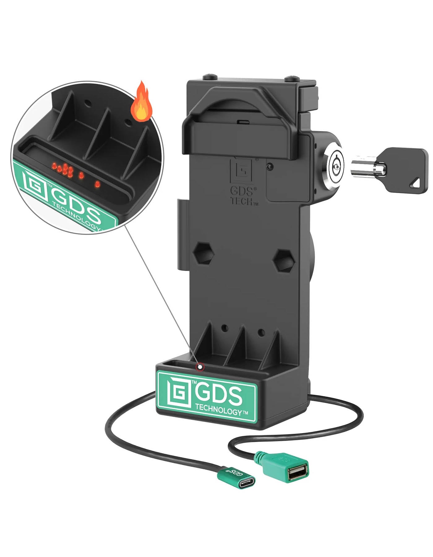 RAM Mounts GDS Uni-Conn Sprunggefederte Ladestation mit Schlüsselverriegelung - 2-Lochmuster AMPS - USB-C & USB-A-Anschluss - Beheizte Pogo-Pins - Schrauben-Set – Produktansicht