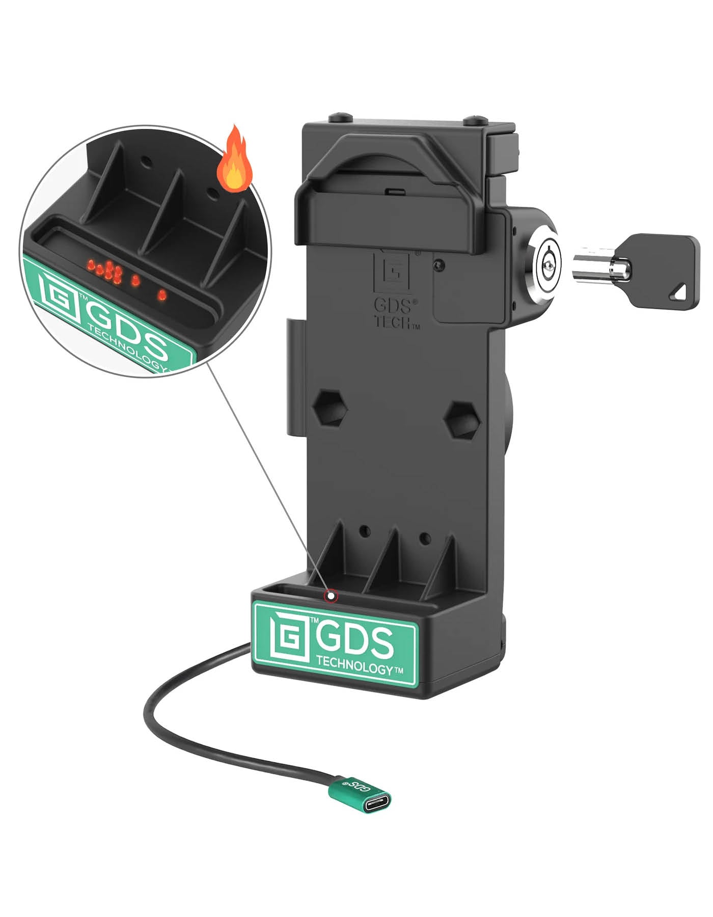 RAM Mounts GDS Uni-Conn Sprunggefederte Ladestation mit Schlüsselverriegelung - 2-Lochmuster AMPS - USB-C-Anschluss - Beheizte Pogo-Pins - Schrauben-Set – Produktansicht