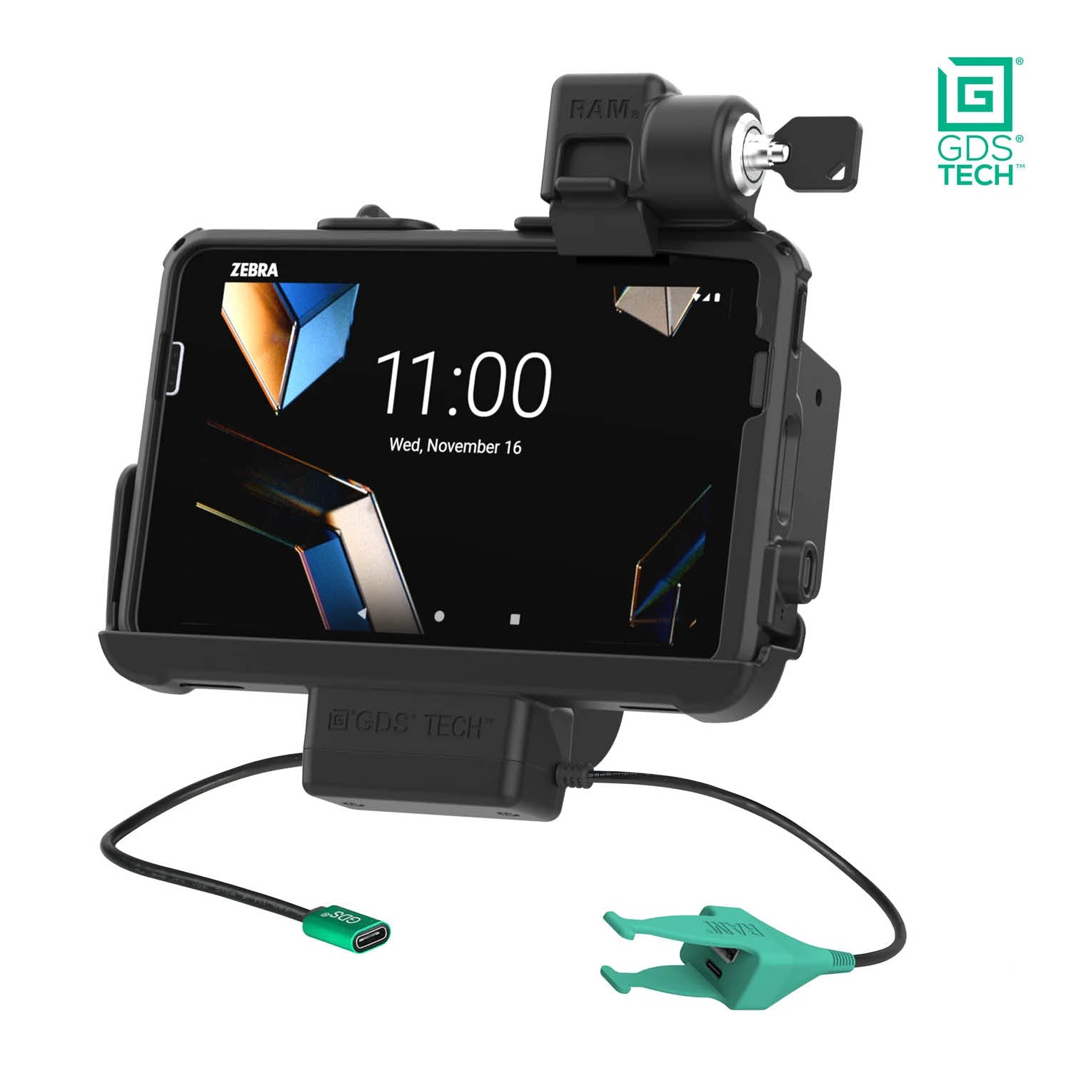 RAM Mounts GDS Halteschale (Schnappverschluss) für Zebra ET401, ET40 & ET45 (8 Zoll) Tablets in IntelliSkin Schutzhülle - USB-C & USB-A/RJ45-Anschluss – Produktansicht
