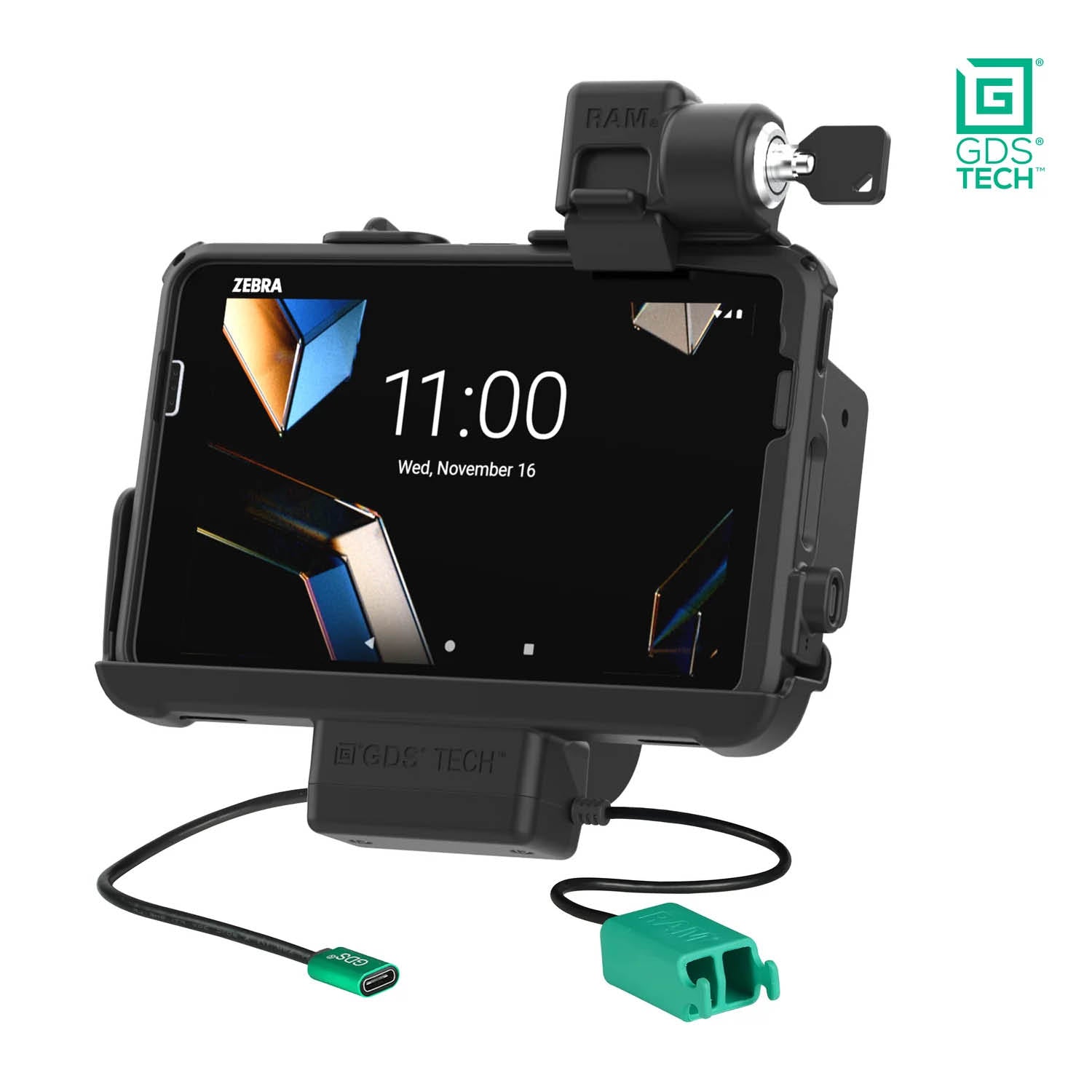 RAM Mounts GDS Form-Fit Halteschale (Schlüsselverriegelung) für Zebra ET401, ET40 & ET45 (8 Zoll) Tablets in IntelliSkin Schutzhülle - USB-C & Dual USB-A-Anschluss – Produktansicht