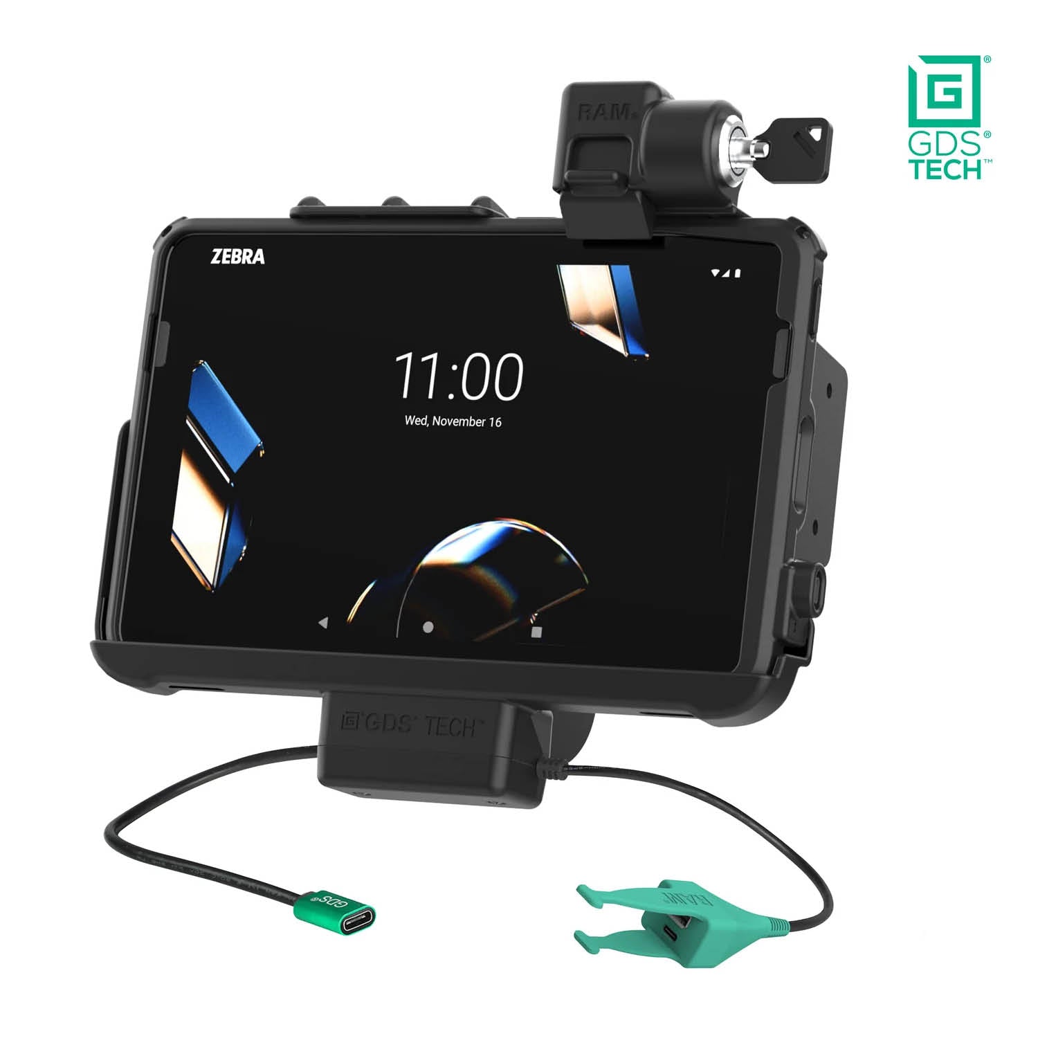 RAM Mounts GDS Halteschale (Schlüsselverriegelung) für Zebra ET401, ET40 & ET45 (10 Zoll) Tablets in IntelliSkin Schutzhülle - USB-C & USB-A/RJ45-Anschluss – Produktansicht