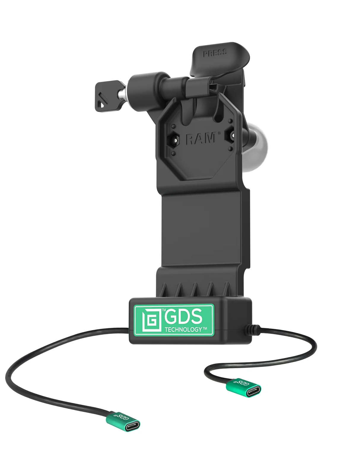 RAM Mounts GDS Uni-Conn Ladestation mit Schlüsselverriegelung (Links) - 2-Lochmuster AMPS - USB-C & USB-C-Anschluss - Schrauben-Set – Produktansicht