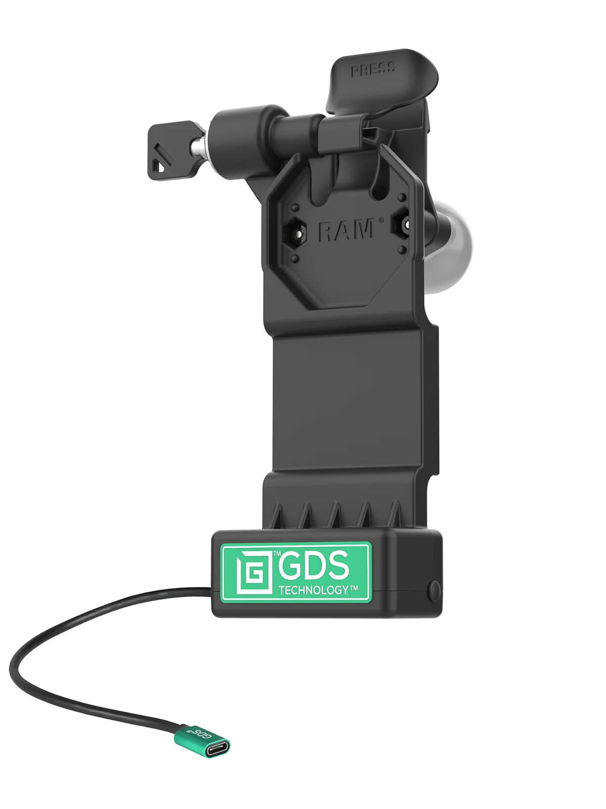 RAM Mounts GDS Uni-Conn Ladestation mit Schlüsselverriegelung (Links) - 2-Lochmuster AMPS - USB-C-Anschluss - Schrauben-Set – Produktansicht