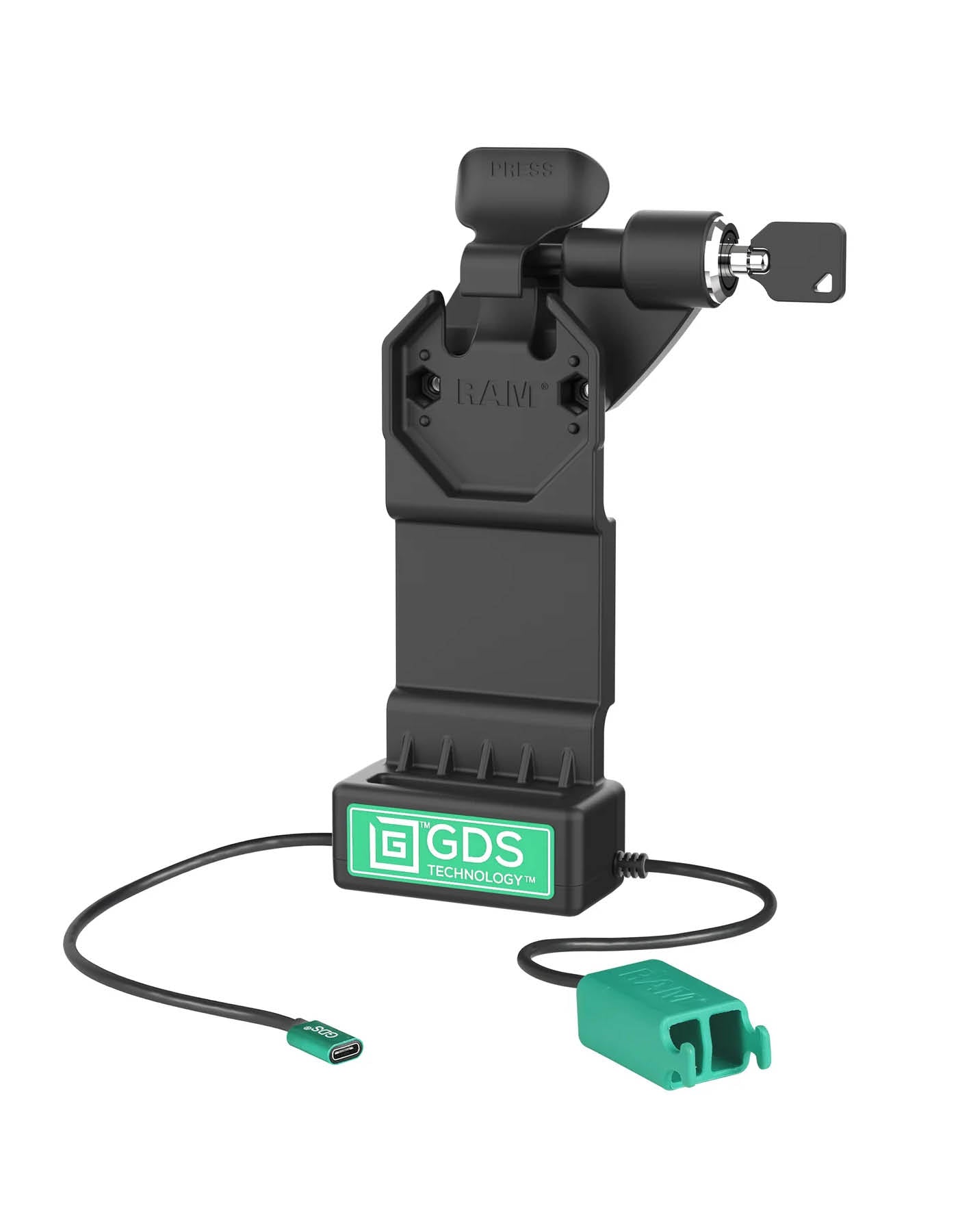 RAM Mounts GDS Uni-Conn Ladestation mit Schlüsselverriegelung (Rechts) - 2-Lochmuster AMPS - USB-C & Dual USB-A-Anschluss - Schrauben-Set – Produktansicht