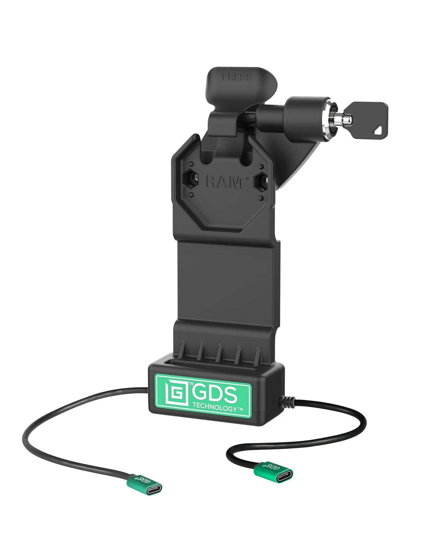 RAM Mounts GDS Uni-Conn Ladestation mit Schlüsselverriegelung (Rechts) - 2-Lochmuster AMPS - USB-C & USB-C-Anschluss - Schrauben-Set – Produktansicht