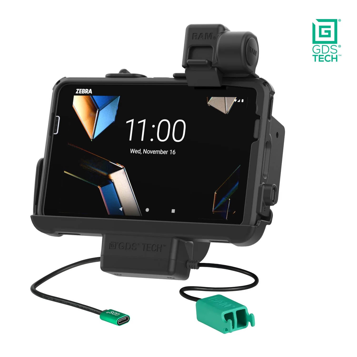 RAM Mounts GDS Form-Fit Halteschale (Schnappverschluss) für Zebra ET401, ET40 & ET45 (8 Zoll) Tablets in IntelliSkin Schutzhülle - USB-C & Dual USB-A-Anschluss – Produktansicht