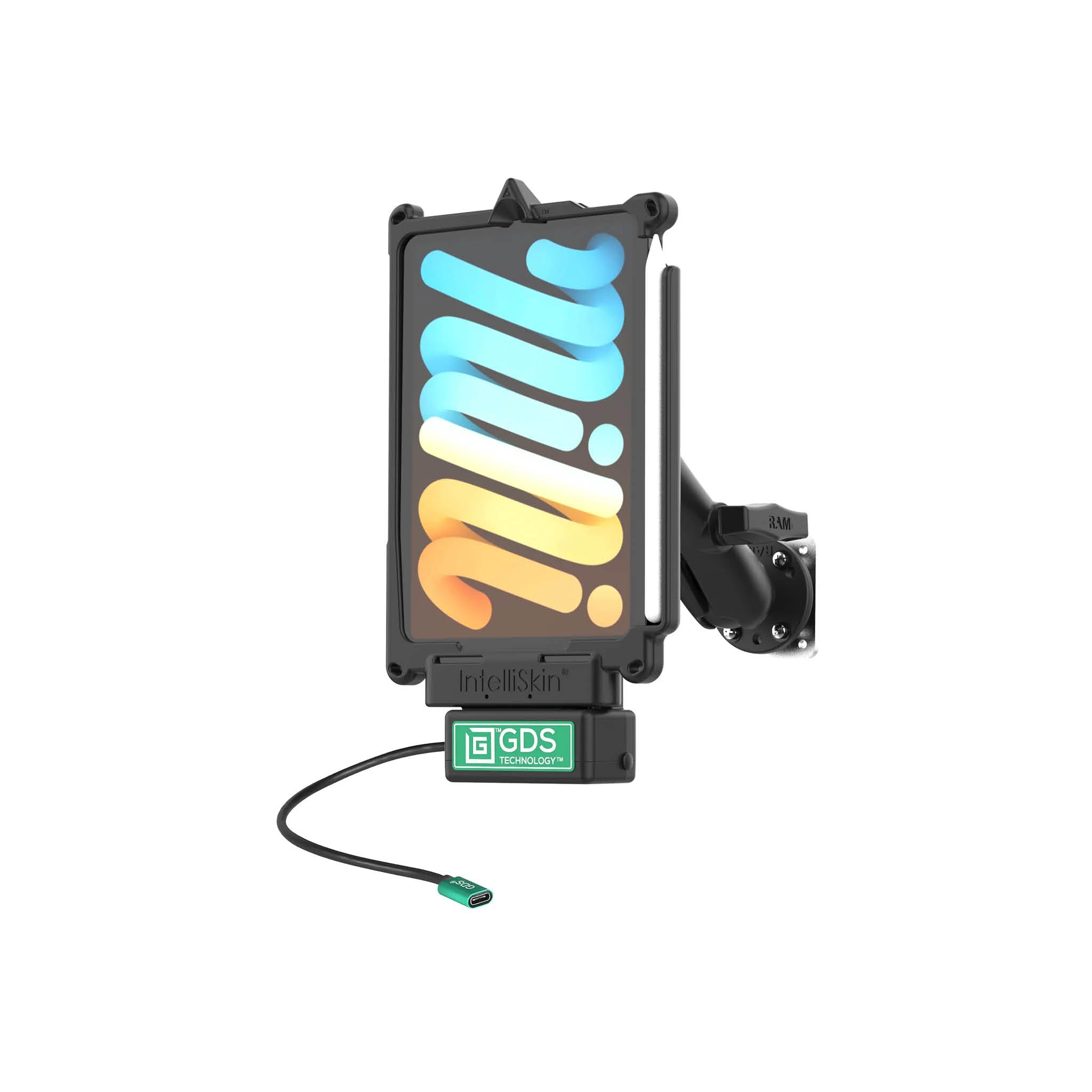 RAM Mounts GDS Uni-Conn Fahrzeug-Kit für Apple iPad mini (A17 Pro) / mini 6 - Stahl-Verstärkungsplatte (53,34 x 66,04 mm), USB-C-Anschluss – Produktansicht