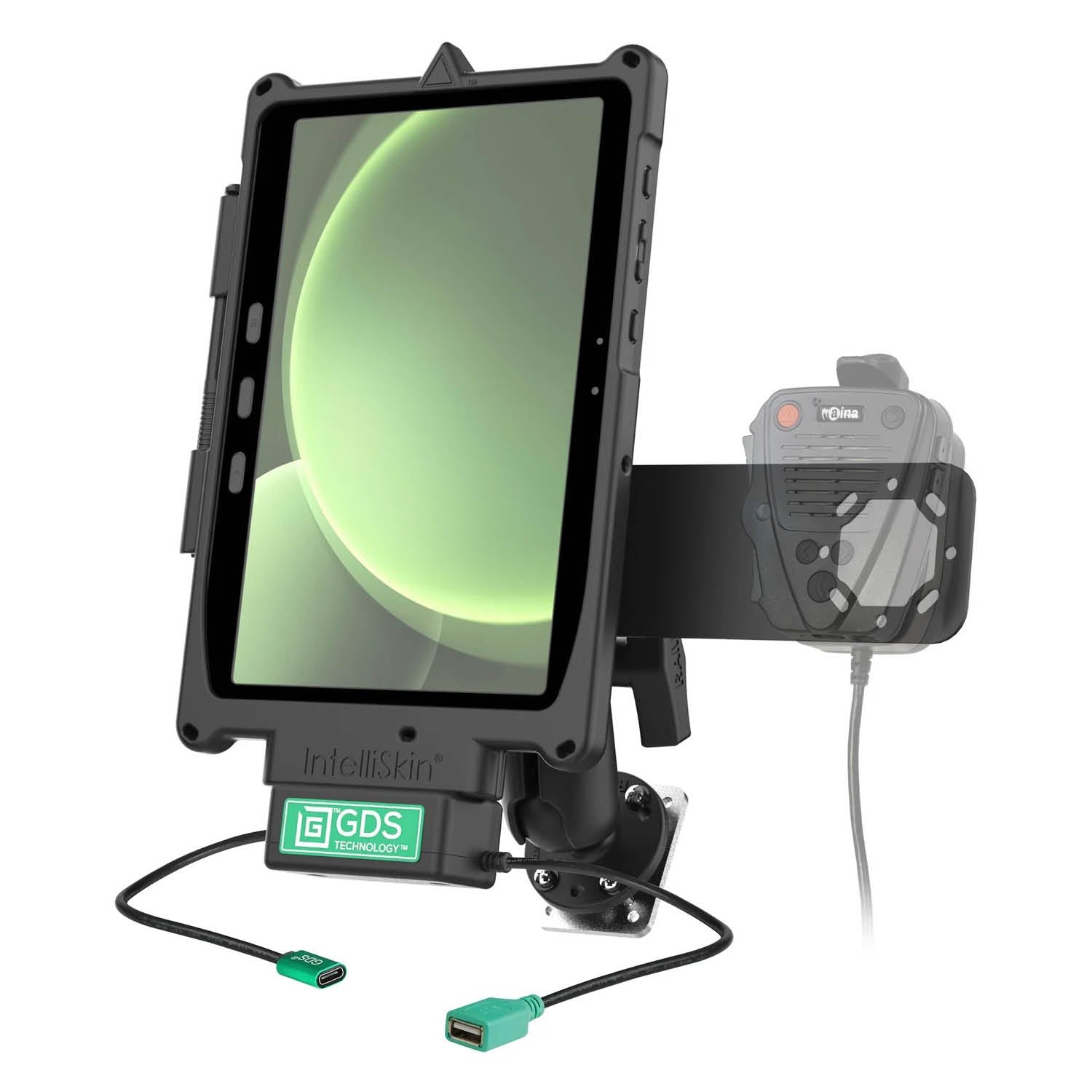 RAM Mounts GDS Uni-Conn Fahrzeug-Ladestation für Samsung Tab Active4 Pro mit Aina PTT Vorrichtung - C-Kugel (1,5 Zoll), 4-Loch AMPS – Produktansicht
