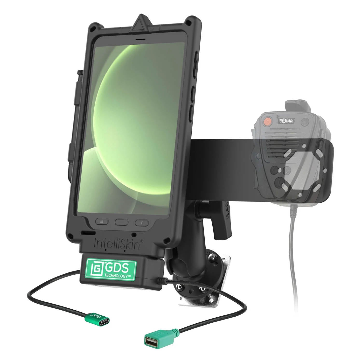 RAM Mounts GDS Uni-Conn Fahrzeug-Ladestation für Samsung Tab Active5 mit Aina PTT Vorrichtung - C-Kugel (1,5 Zoll), 4-Loch AMPS – Produktansicht