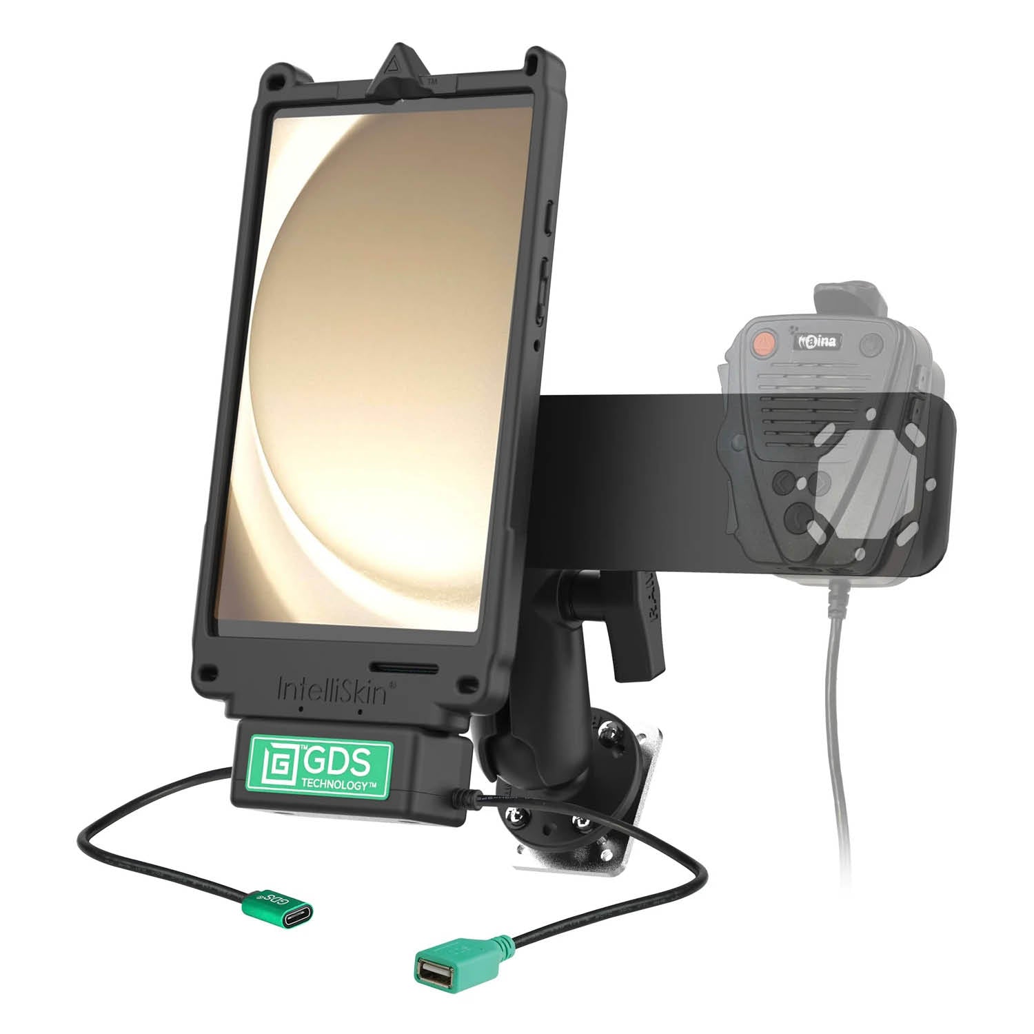 RAM Mounts GDS Uni-Conn Fahrzeug-Ladestation für Samsung Tab A9 mit Aina PTT Vorrichtung - C-Kugel (1,5 Zoll), 4-Loch AMPS – Produktansicht