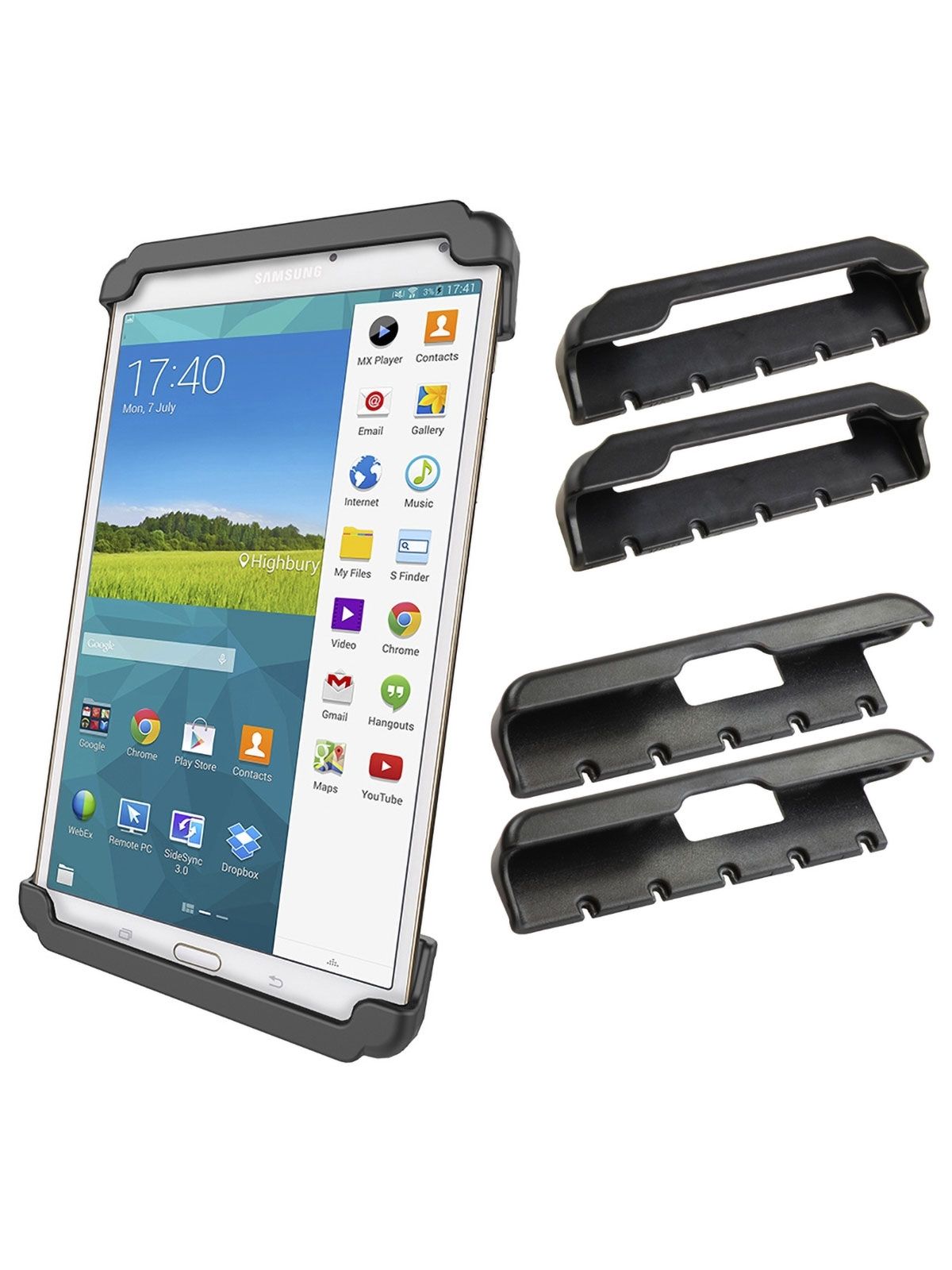 RAM Mounts Tab-Tite Universal Halteschale für 7-8 Zoll Tablets - (verschiedene Endkappen-3er-Set) - AMPS-Aufnahme - Schrauben-Set – Produktansicht