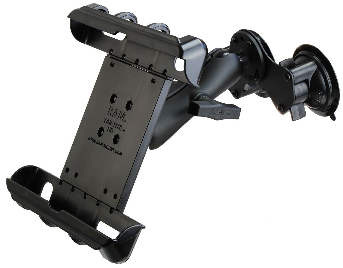 RAM Mounts Doppel-Saugfuss-Halterung für 10 Zoll Tablets - C-Kugel (1,5 Zoll), mittlerer Verbindungsarm, 2x runde Basisplatte (AMPS), Tab-Tite Halteschale – Produktansicht
