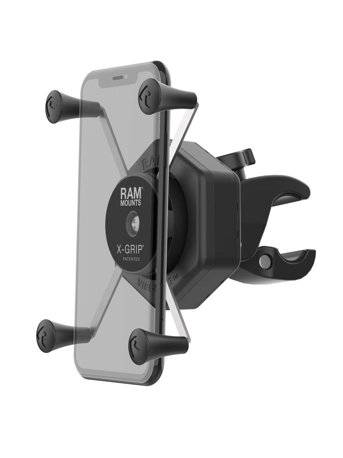 RAM Mounts X-Grip Halterung für Smartphones bis 114,3 mm Breite mit Vibe-Safe Adapter und kleiner ToughClaw (Durchmesser 15,9-29,0 mm) – Produktansicht