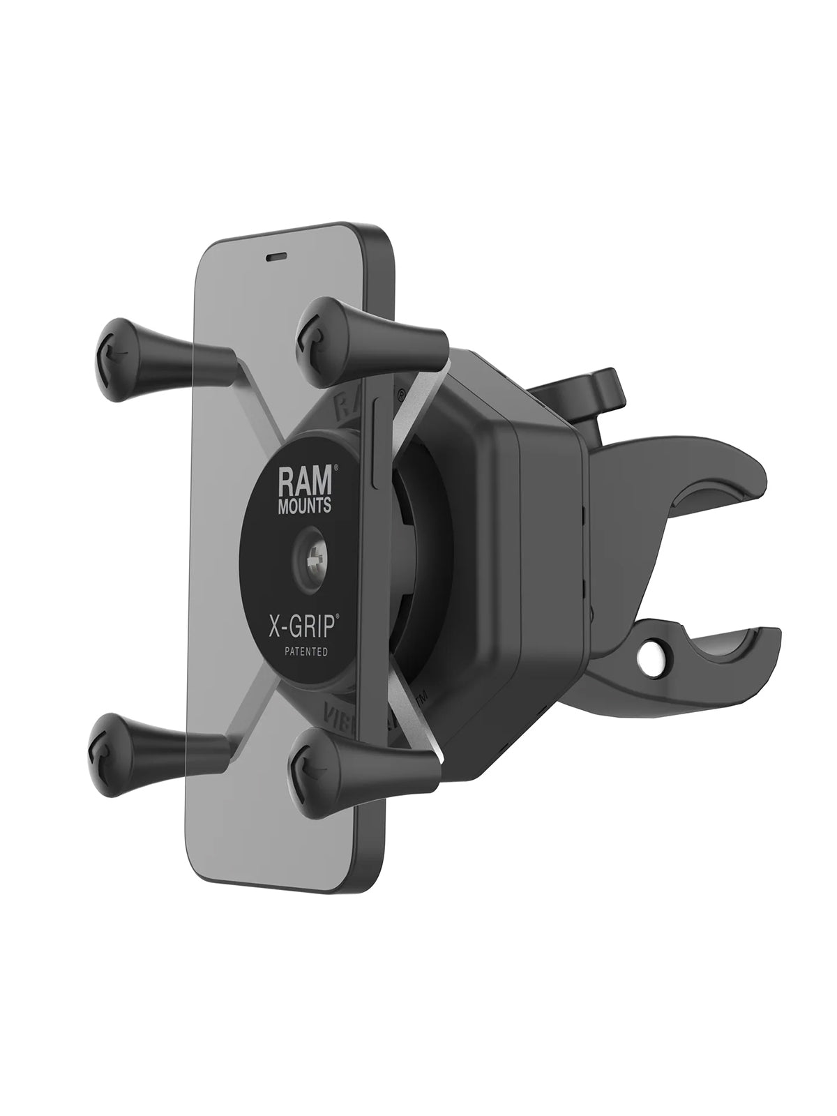 RAM Mounts X-Grip Halterung für Smartphones bis 82,6 mm Breite mit Vibe-Safe Adapter und kleiner ToughClaw (Durchmesser 15,9-29,0 mm) – Produktansicht