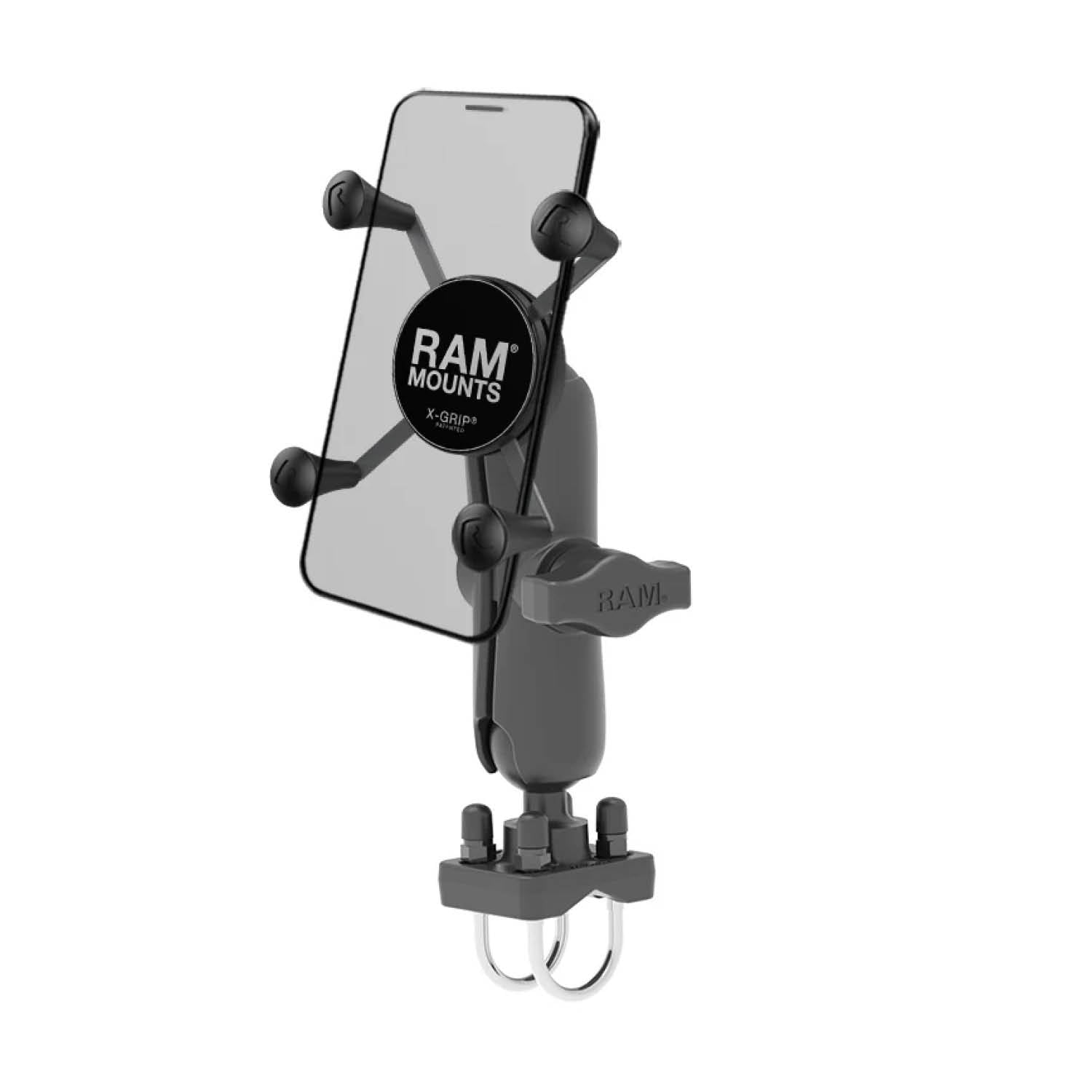 RAM Mounts X-Grip Aufbau-Halterung für Smartphones - Bis 82,55 mm Breite - Mittlerer Verbindungsarm - Doppel U-Bügel Basis (Durchmesser 25,4 mm bis 31,75 mm) - B-Kugel (1 Zoll) - Schrauben-Set – Produktansicht