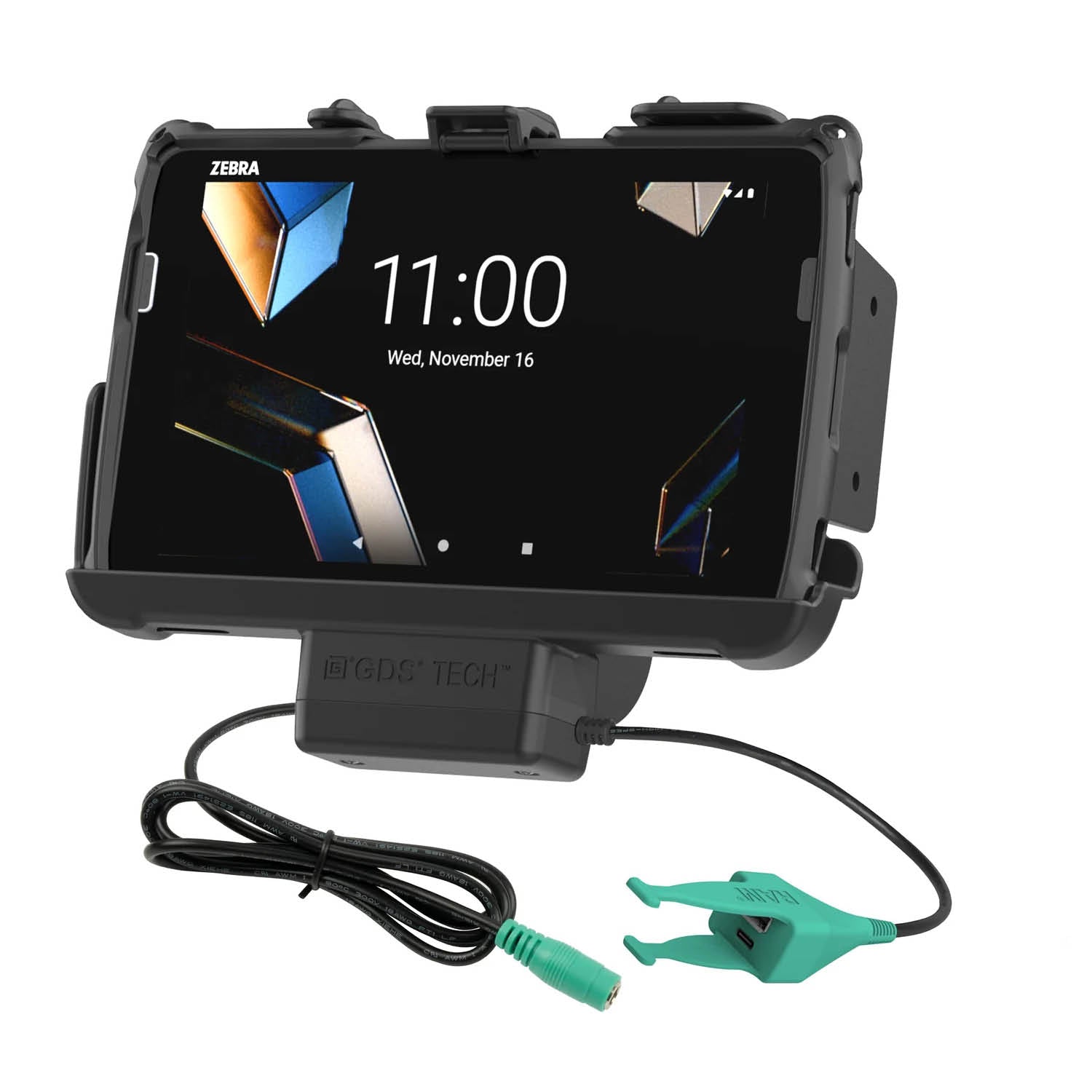 RAM Mounts EZ-Roll'r Halteschale für Zebra ET401, ET40 & ET45 (8 Zoll) Tablets - In Rugged Boot/RAM Schutzhülle (ET401) - 5.5mm DC-Stromversorgung & USB-A/USB-C-Anschluss – Produktansicht