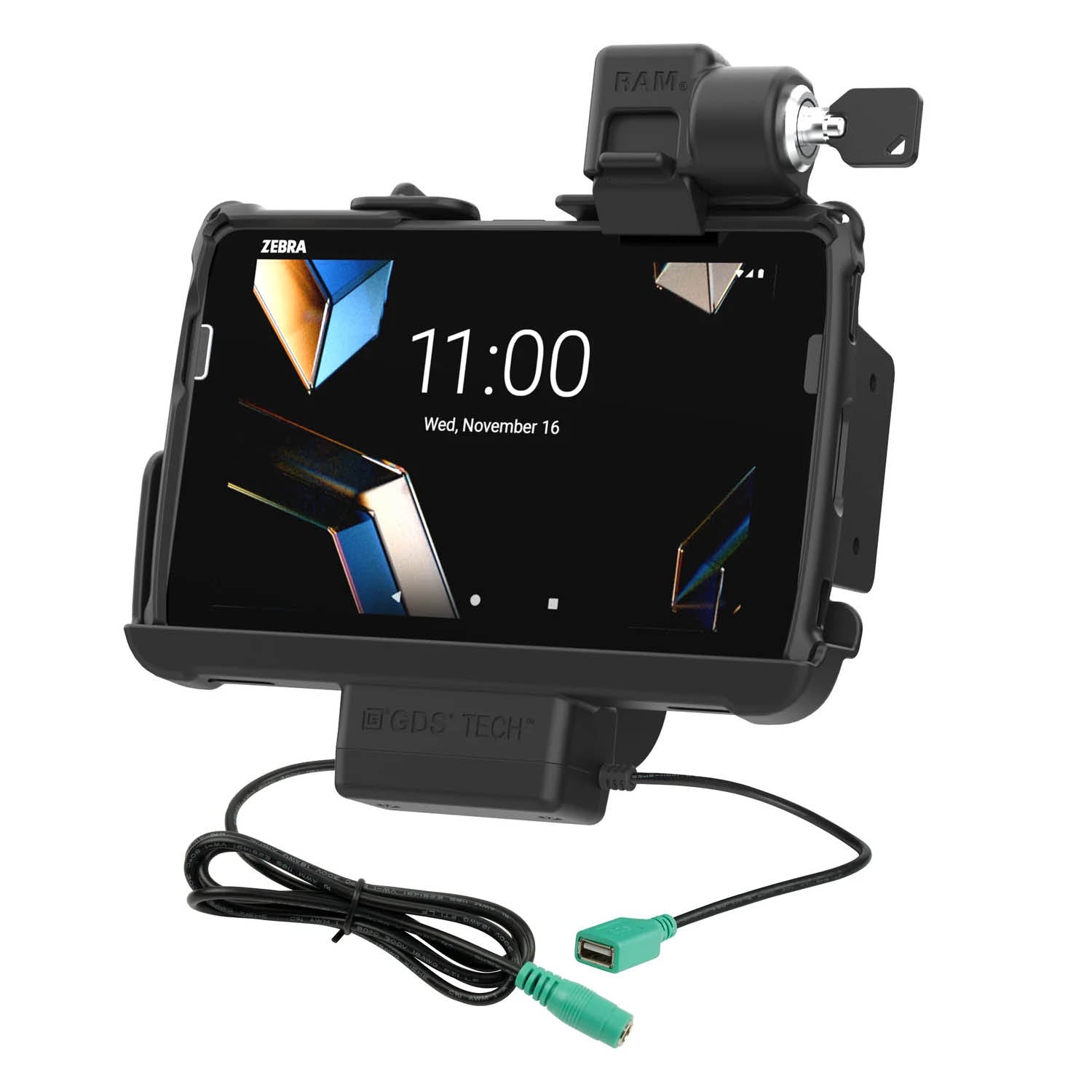 RAM Mounts Form-Fit Halteschale (Schlüsselverriegelung) für Zebra ET401, ET40 & ET45 (8 Zoll) Tablets - Mit Rugged Boot/RAM Schutzhülle (ET401) - 5.5mm DC-Stromversorgung & USB-A-Anschluss – Produktansicht