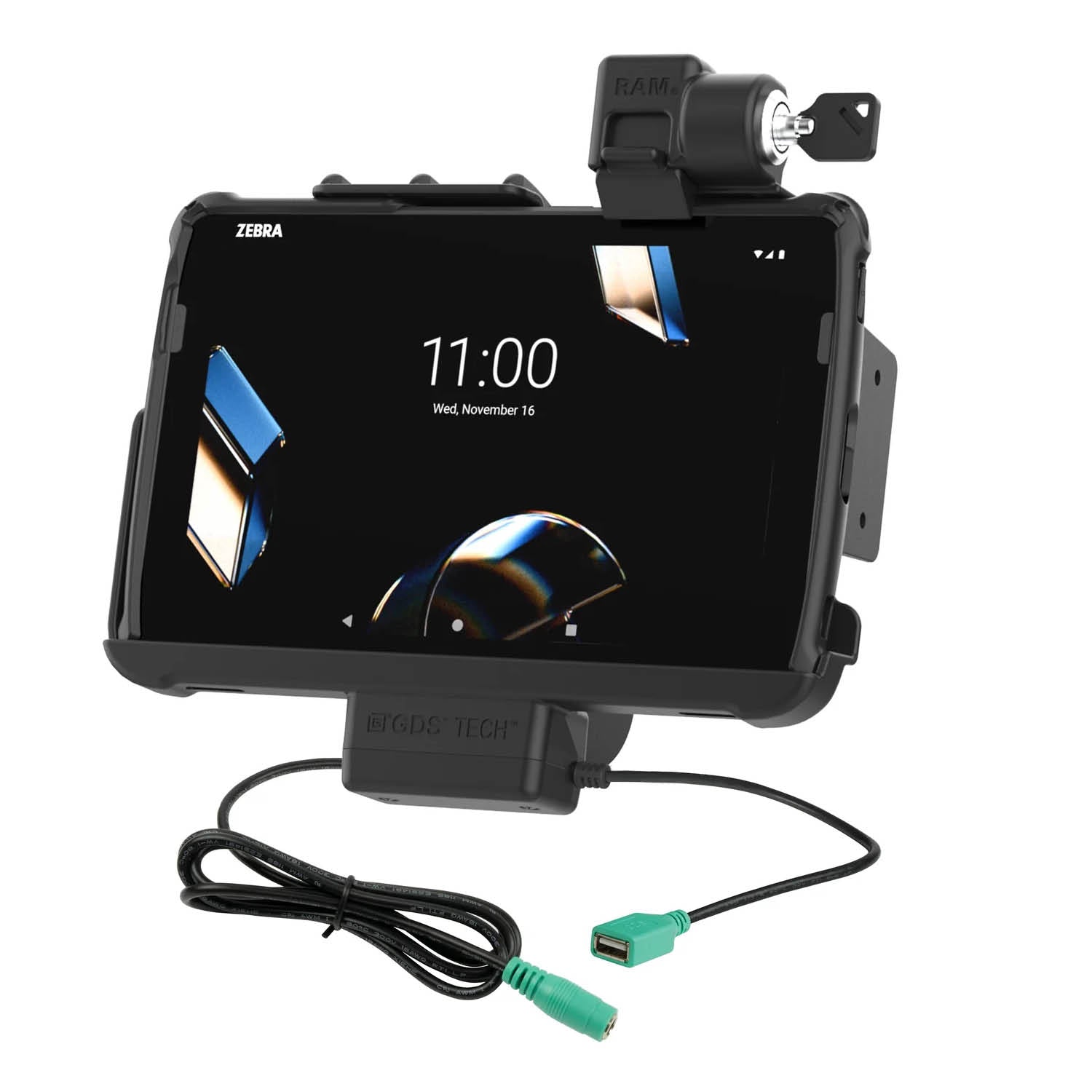 RAM Mounts Form-Fit Halteschale (Schlüsselverriegelung) für Zebra ET401, ET40 & ET45 (10 Zoll) Tablets - In RAM Skin/Rugged Boot - 5.5mm DC & USB-A-Anschluss – Produktansicht