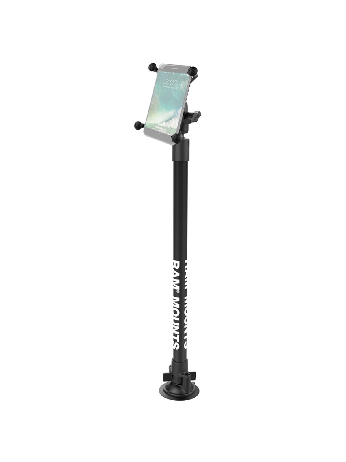 RAM Mounts Stand-Saugfuss mit Universal X-Grip Klammer für große Smartphones (Phablets) - Saugfuss, Kunststoffrohr (ca. 450 mm), kurzer Verbindungsarm, X-Grip Halteklammer, B-Kugel (1 Zoll) – Produktansicht