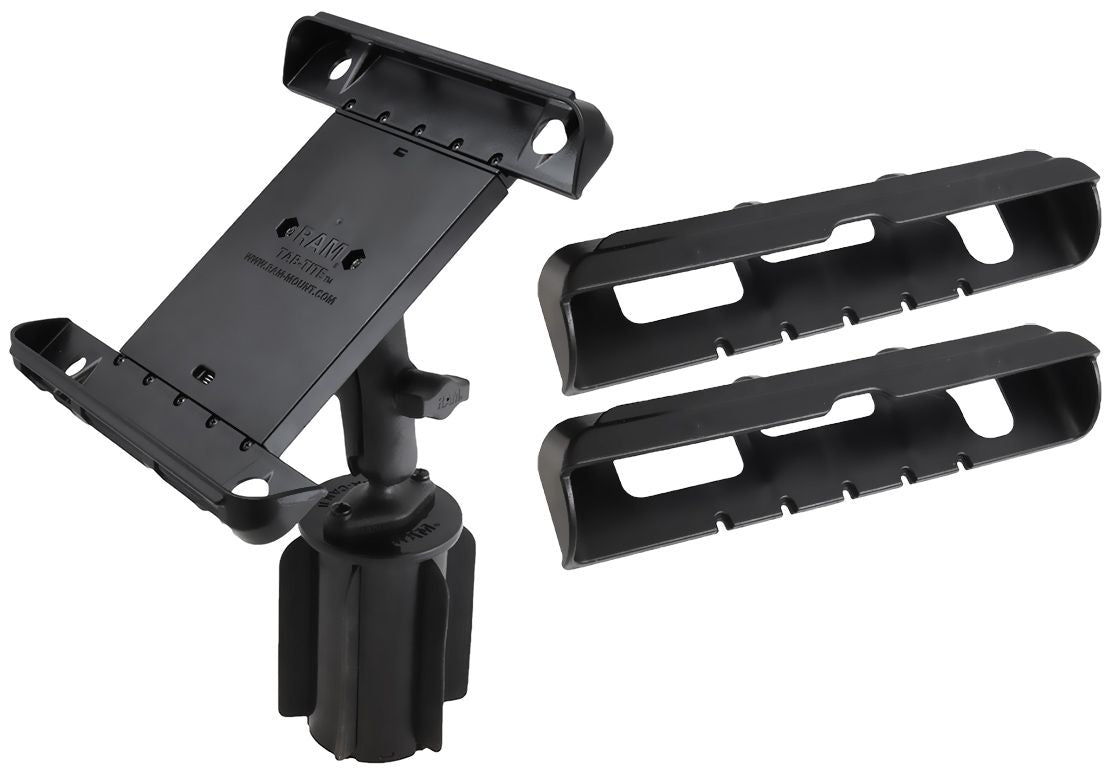 RAM Mounts RAM-A-CAN II Universal-Halterung für Tablets (10 Zoll) - für Fahrzeug-Getränkehalter, Basis mit Gummilippen, mittlerer Verbindungsarm, Halteschale, B-Kugel (1 Zoll) – Produktansicht