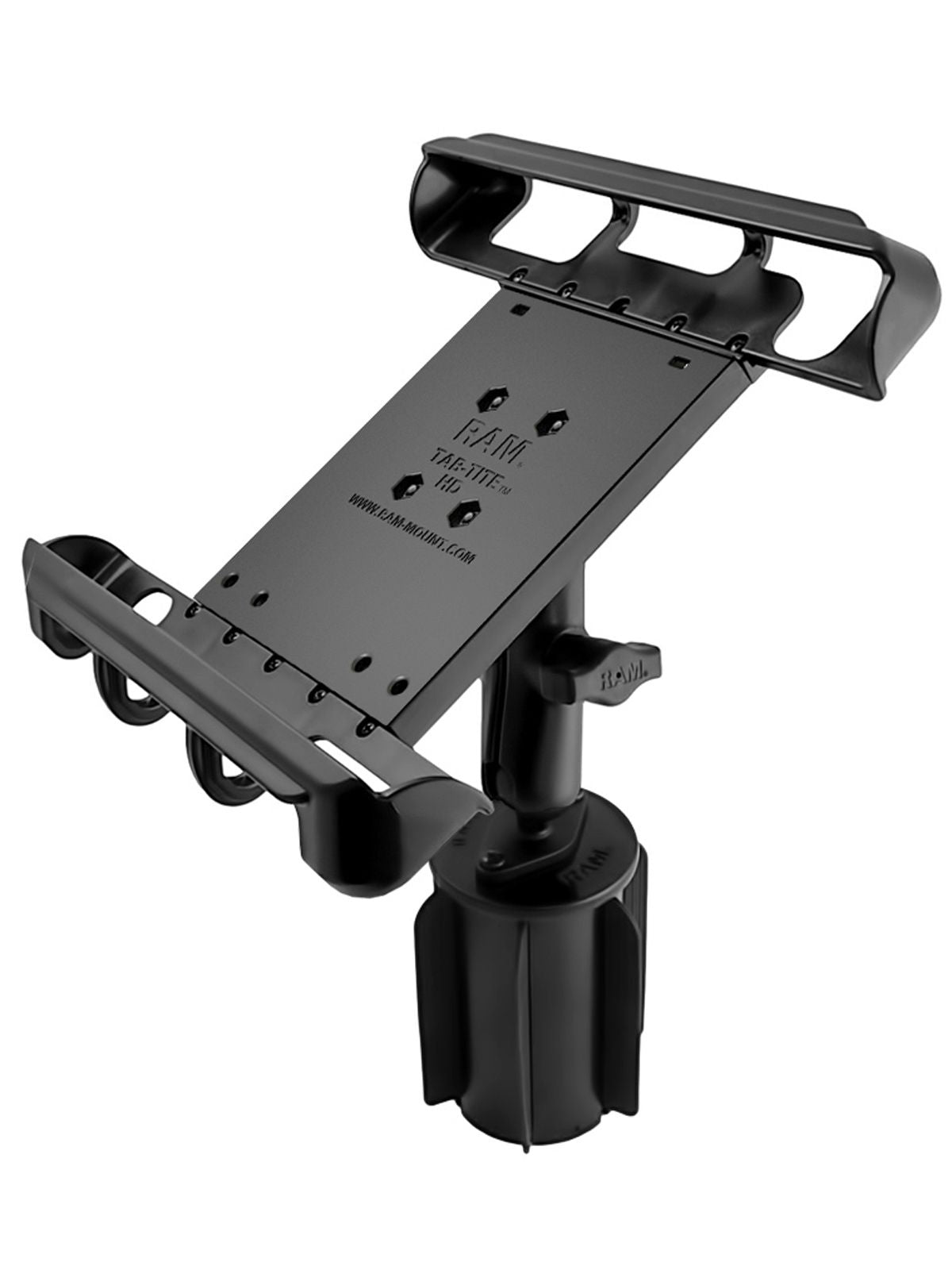 RAM Mounts RAM-A-CAN II Universal-Halterung für Tablets (10 Zoll) - für Fahrzeug-Getränkehalter, Basis mit Gummilippen, mittlerer Verbindungsarm, Halteschale, B-Kugel (1 Zoll) – Produktansicht
